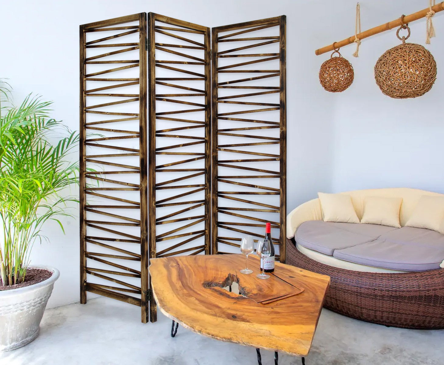Rustic Geo Design Wood Three Panel Room Divider Screen-Room Dividers-DECOROLALA
