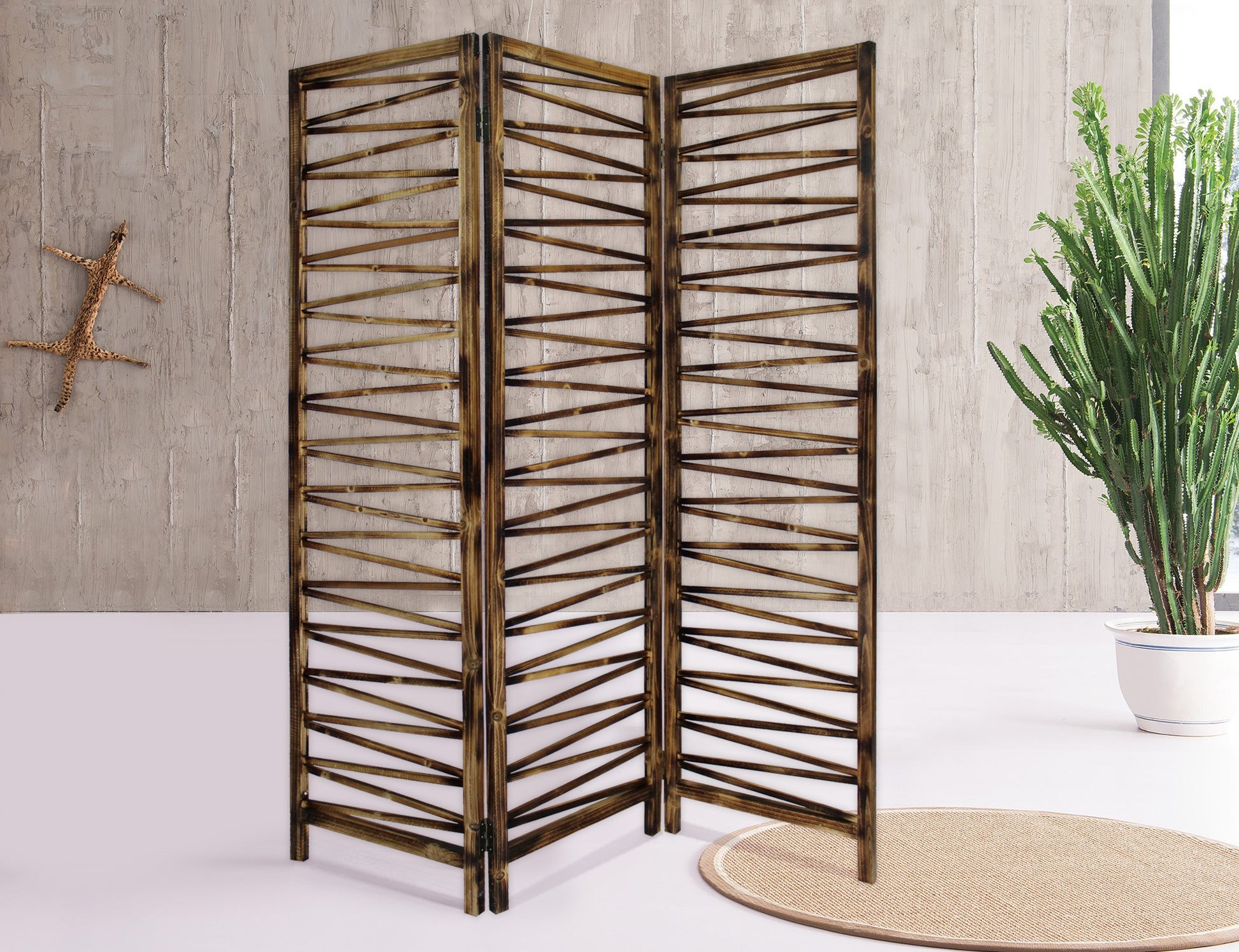 Rustic Geo Design Wood Three Panel Room Divider Screen-Room Dividers-DECOROLALA