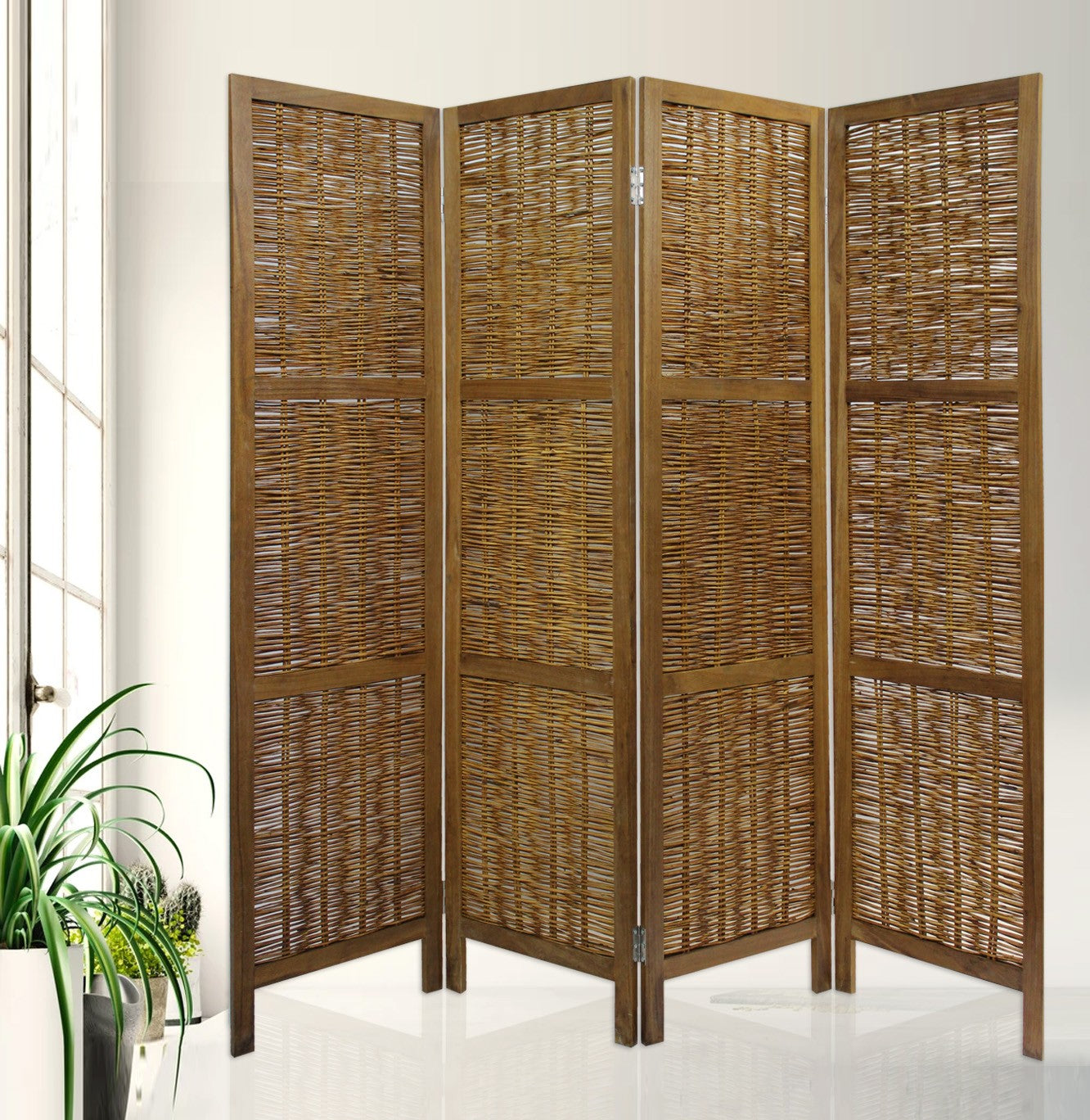 Brown Willow Four Panel Room Divider Screen-Room Dividers-DECOROLALA