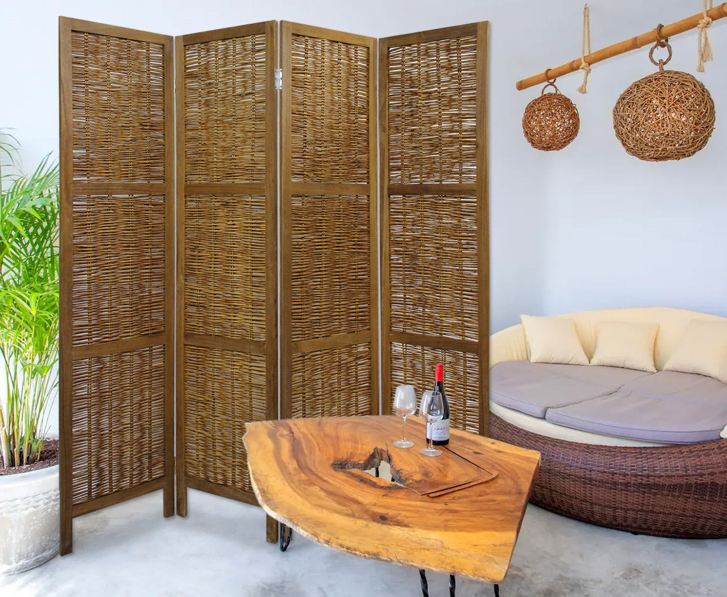 Brown Willow Four Panel Room Divider Screen-Room Dividers-DECOROLALA