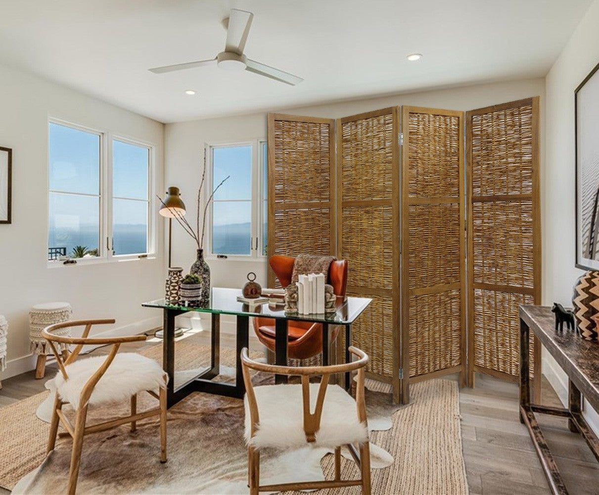 Brown Willow Four Panel Room Divider Screen-Room Dividers-DECOROLALA