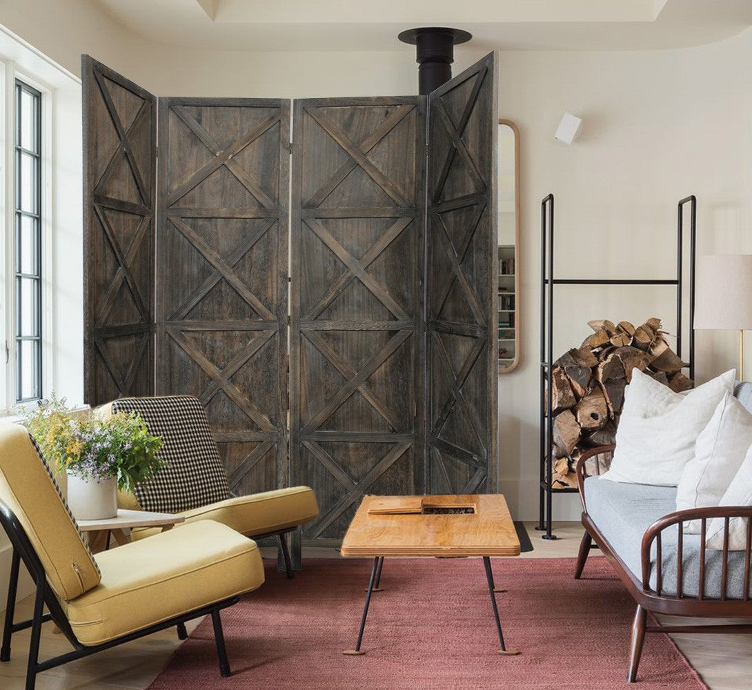 79" Brown Solid Wood Folding Four Panel Screen Room Divider-Room Dividers-DECOROLALA