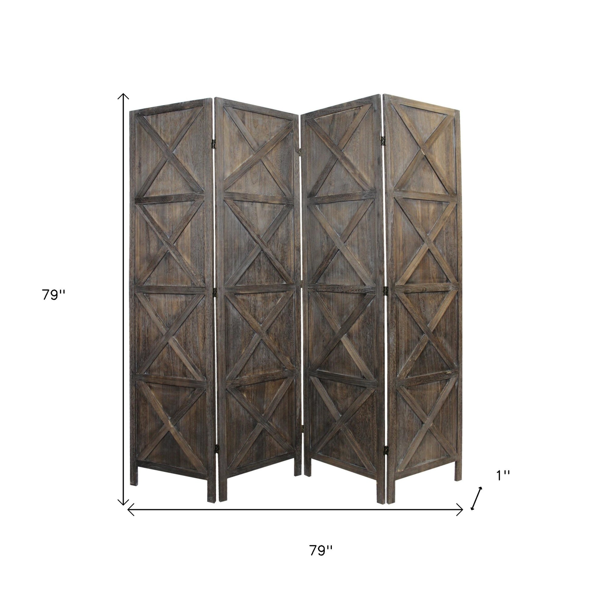 79" Brown Solid Wood Folding Four Panel Screen Room Divider-Room Dividers-DECOROLALA
