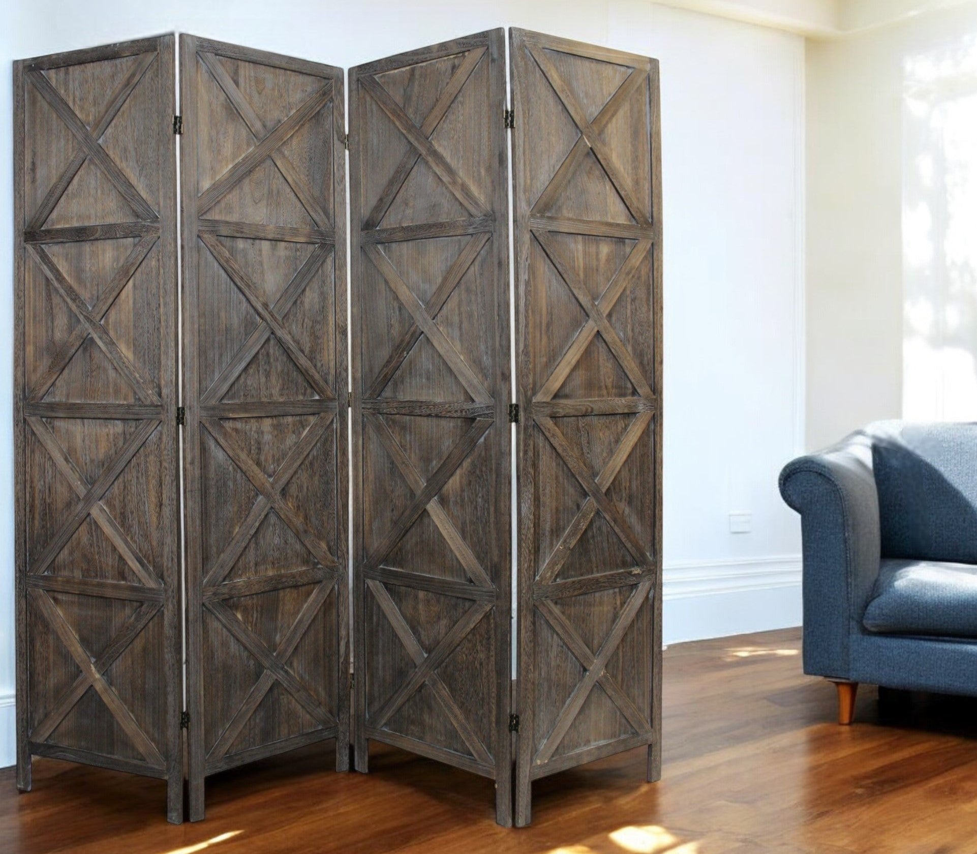 79" Brown Solid Wood Folding Four Panel Screen Room Divider-Room Dividers-DECOROLALA