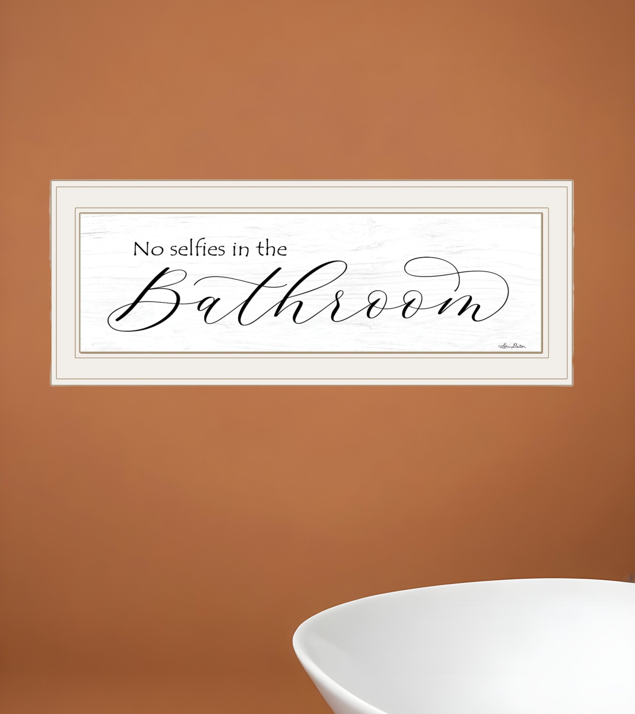 No Selfies in the Bathroom 1 White Framed Print Bathroom Wall Art-0