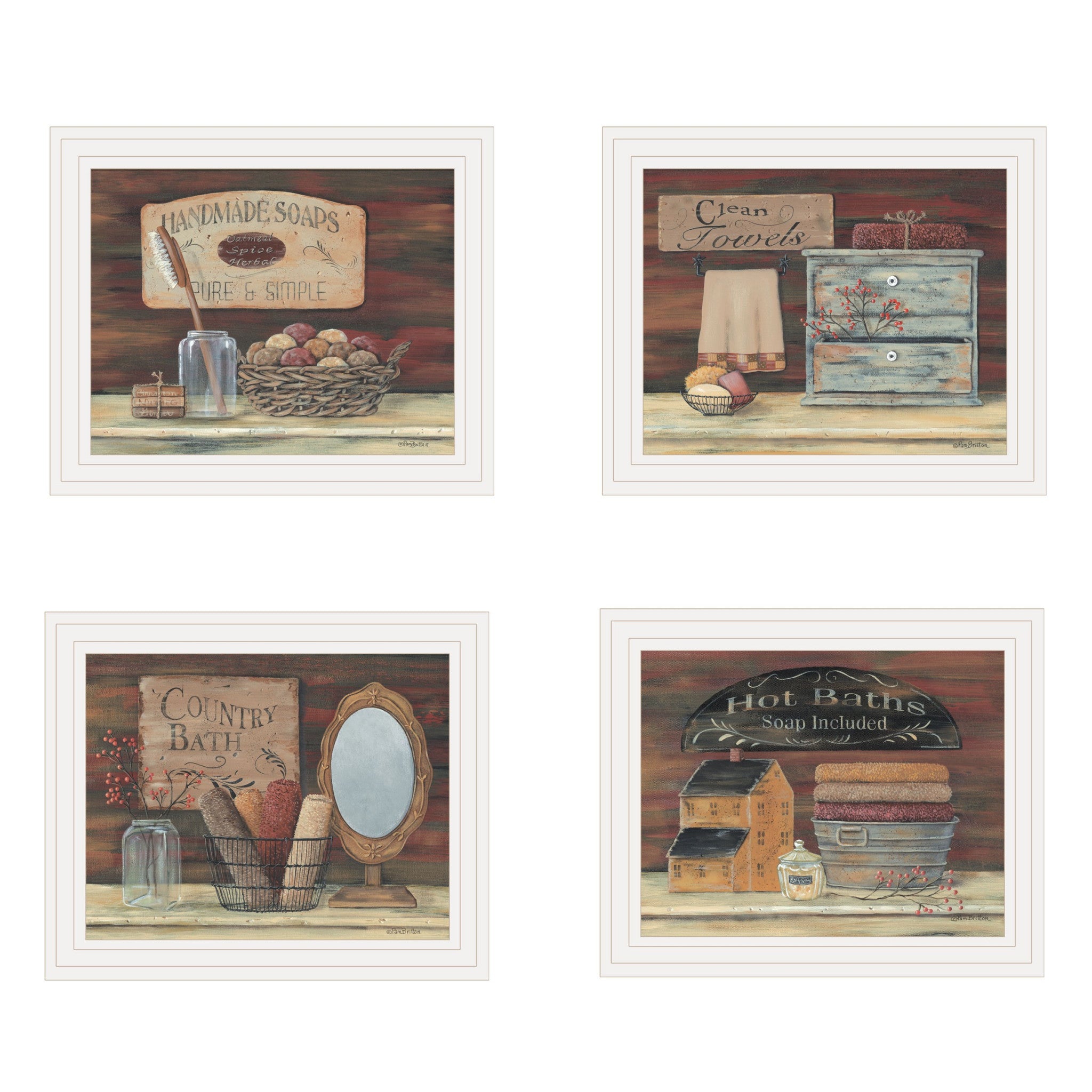 Set Of Four Country Bathroom White Framed Print Bathroom Wall Art-1