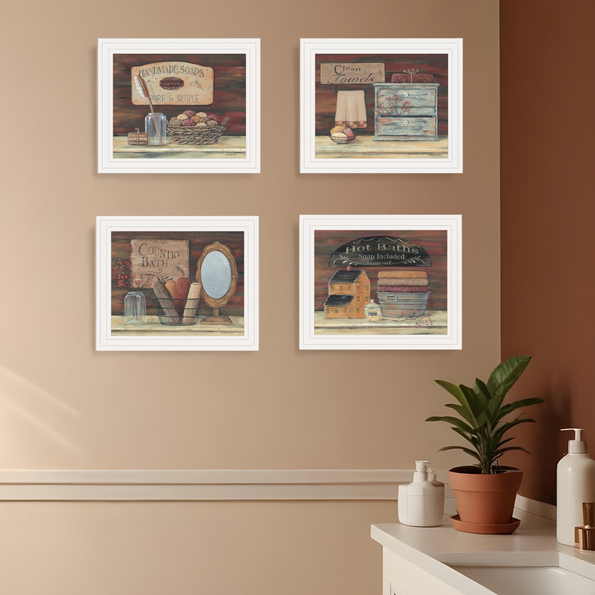Set Of Four Country Bathroom White Framed Print Bathroom Wall Art-0