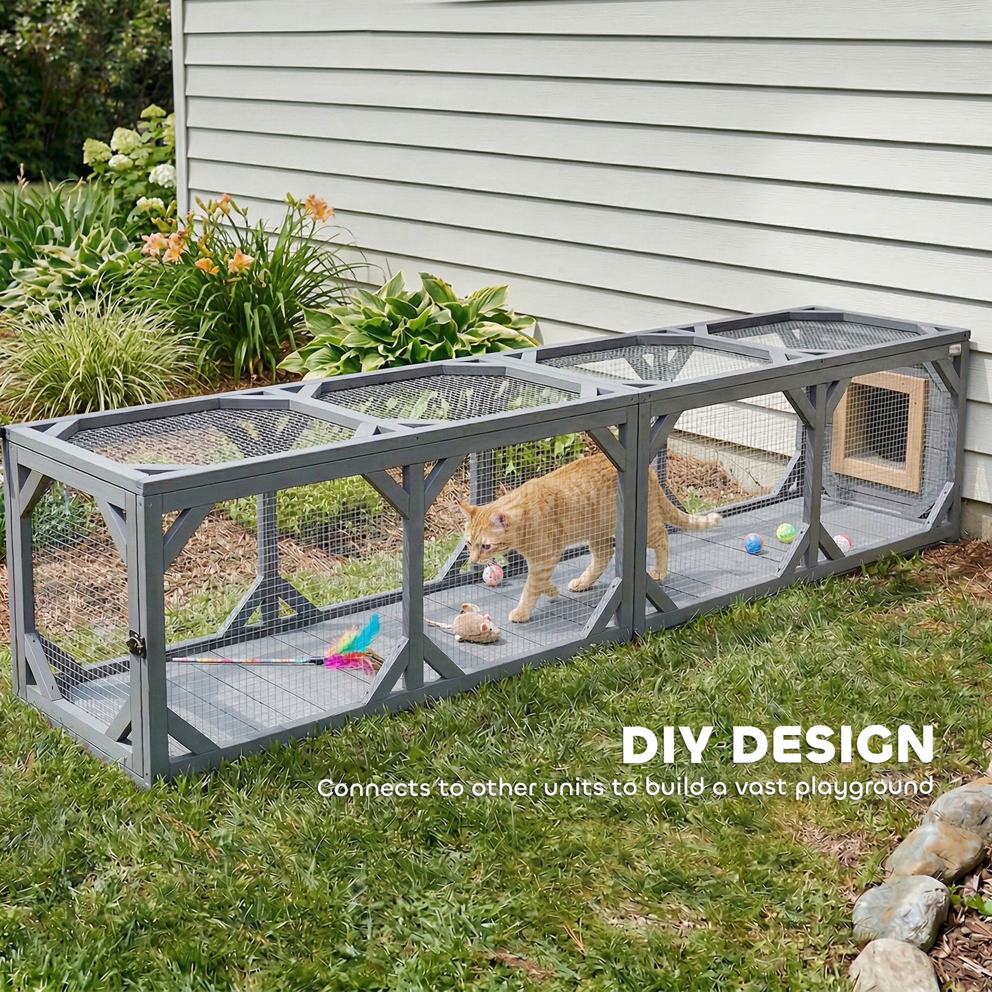 Cat Tunnel, Wooden Catio Outdoor Cat Enclosure with 2 Doors and Extendable Design, Wall-Mounted Pet Run