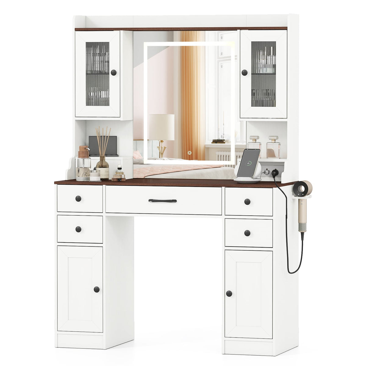 41.5 Inch Makeup Dressing Table with Power Outlets and 3 Color Lighting Modes-White+-Makeup Vanities-DECOROLALA