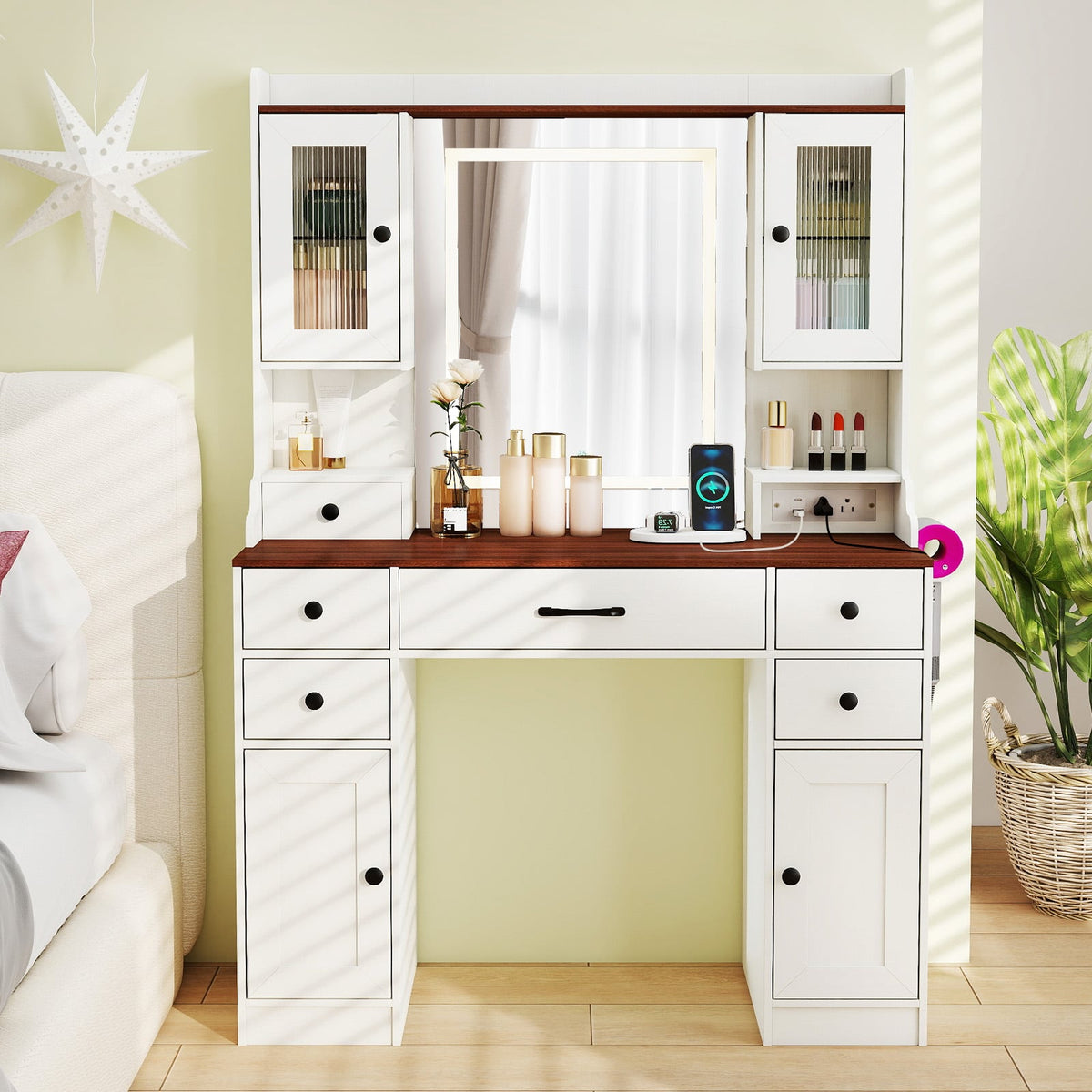 41.5 Inch Makeup Dressing Table with Power Outlets and 3 Color Lighting Modes-White+-Makeup Vanities-DECOROLALA