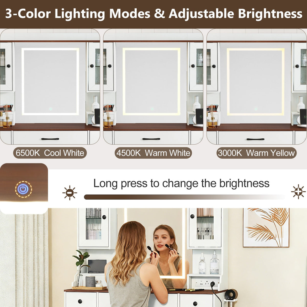 41.5 Inch Makeup Dressing Table with Power Outlets and 3 Color Lighting Modes-White+-Makeup Vanities-DECOROLALA