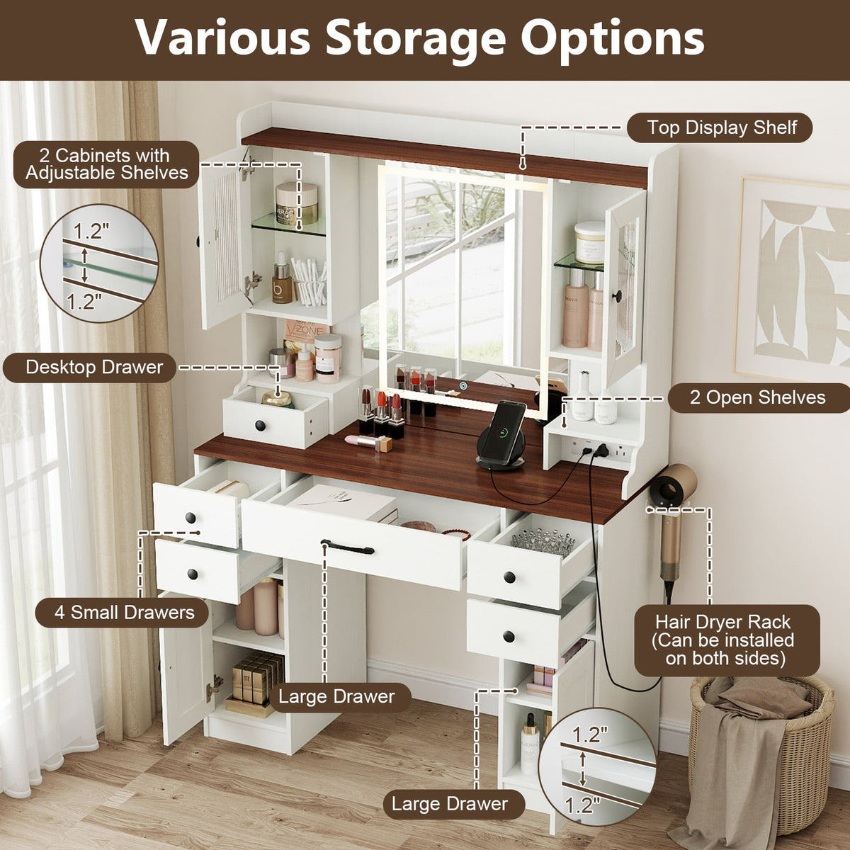41.5 Inch Makeup Dressing Table with Power Outlets and 3 Color Lighting Modes-White+-Makeup Vanities-DECOROLALA