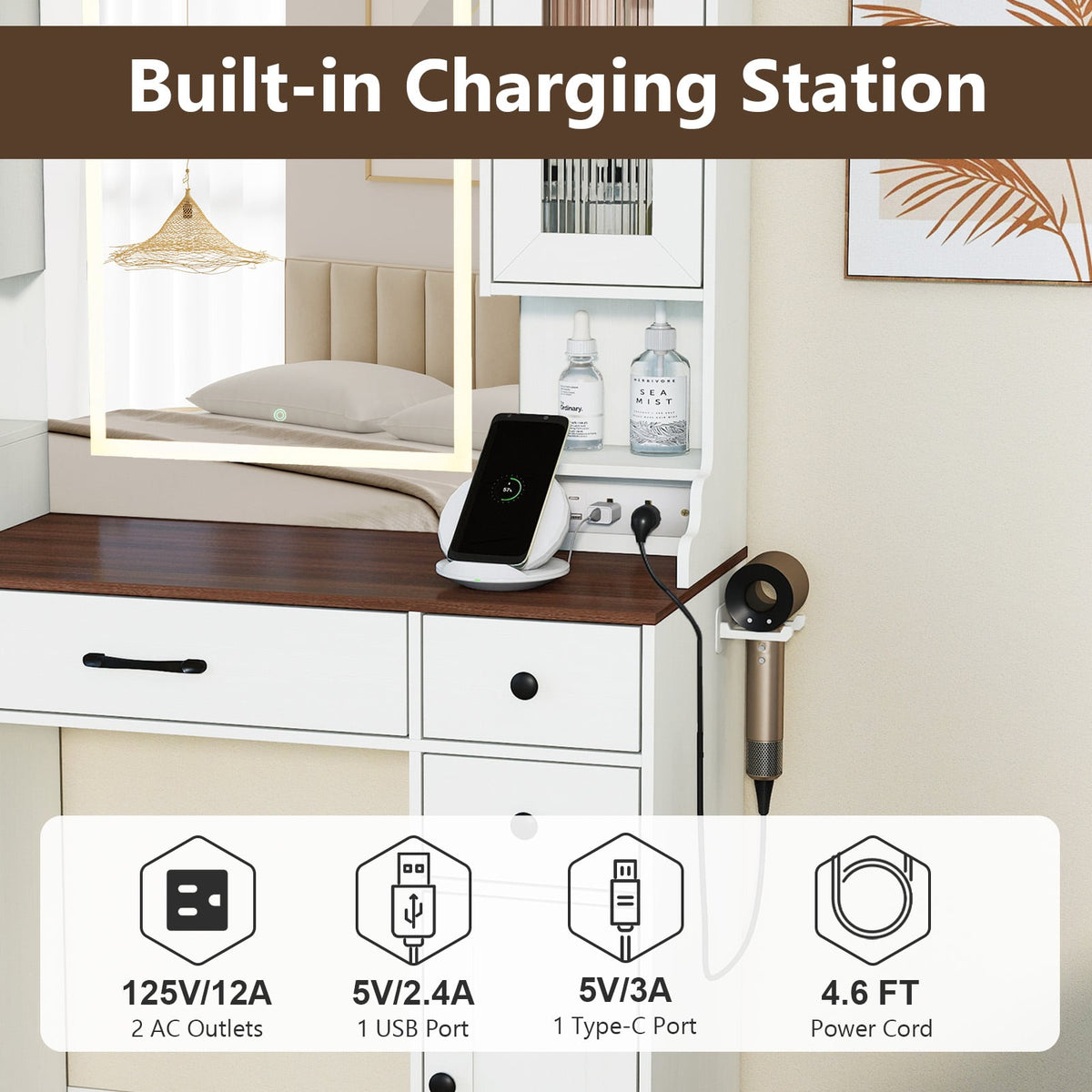 41.5 Inch Makeup Dressing Table with Power Outlets and 3 Color Lighting Modes-White+-Makeup Vanities-DECOROLALA