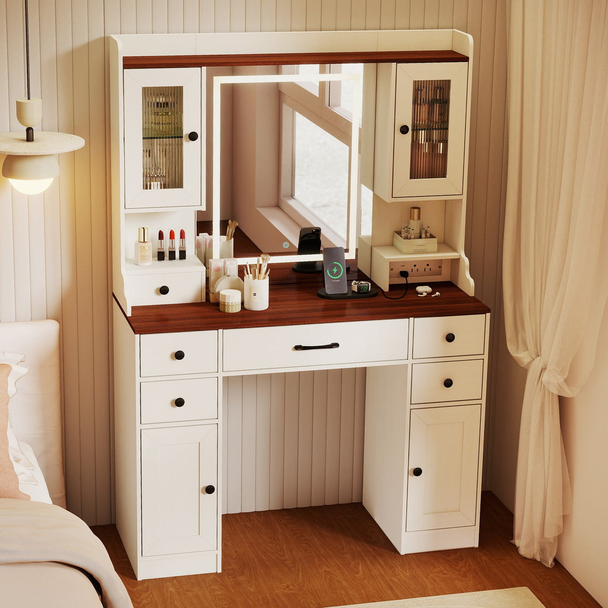41.5 Inch Makeup Dressing Table with Power Outlets and 3 Color Lighting Modes-White+-Makeup Vanities-DECOROLALA