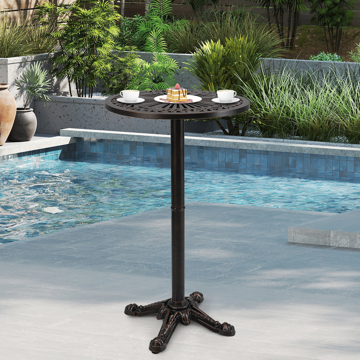 41.5 Inch Patio Round Bar Table Cast Aluminum Bistro Table for Garden-Bronze-Patio Coffee Tables-DECOROLALA