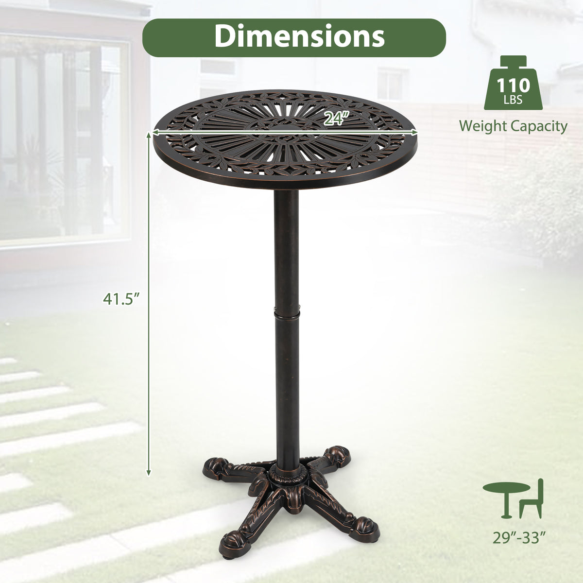 41.5 Inch Patio Round Bar Table Cast Aluminum Bistro Table for Garden-Bronze-Patio Coffee Tables-DECOROLALA