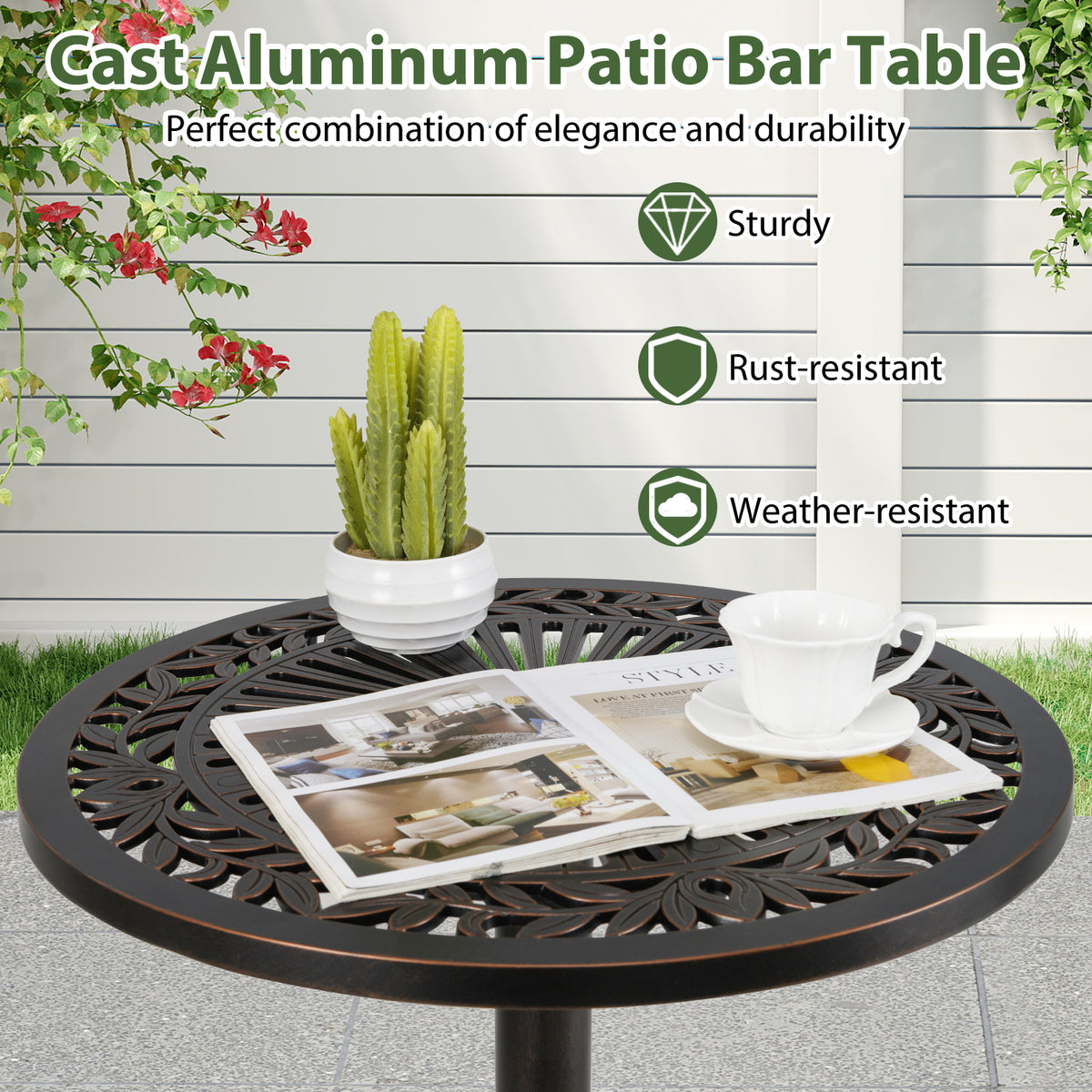 41.5 Inch Patio Round Bar Table Cast Aluminum Bistro Table for Garden-Bronze-Patio Coffee Tables-DECOROLALA