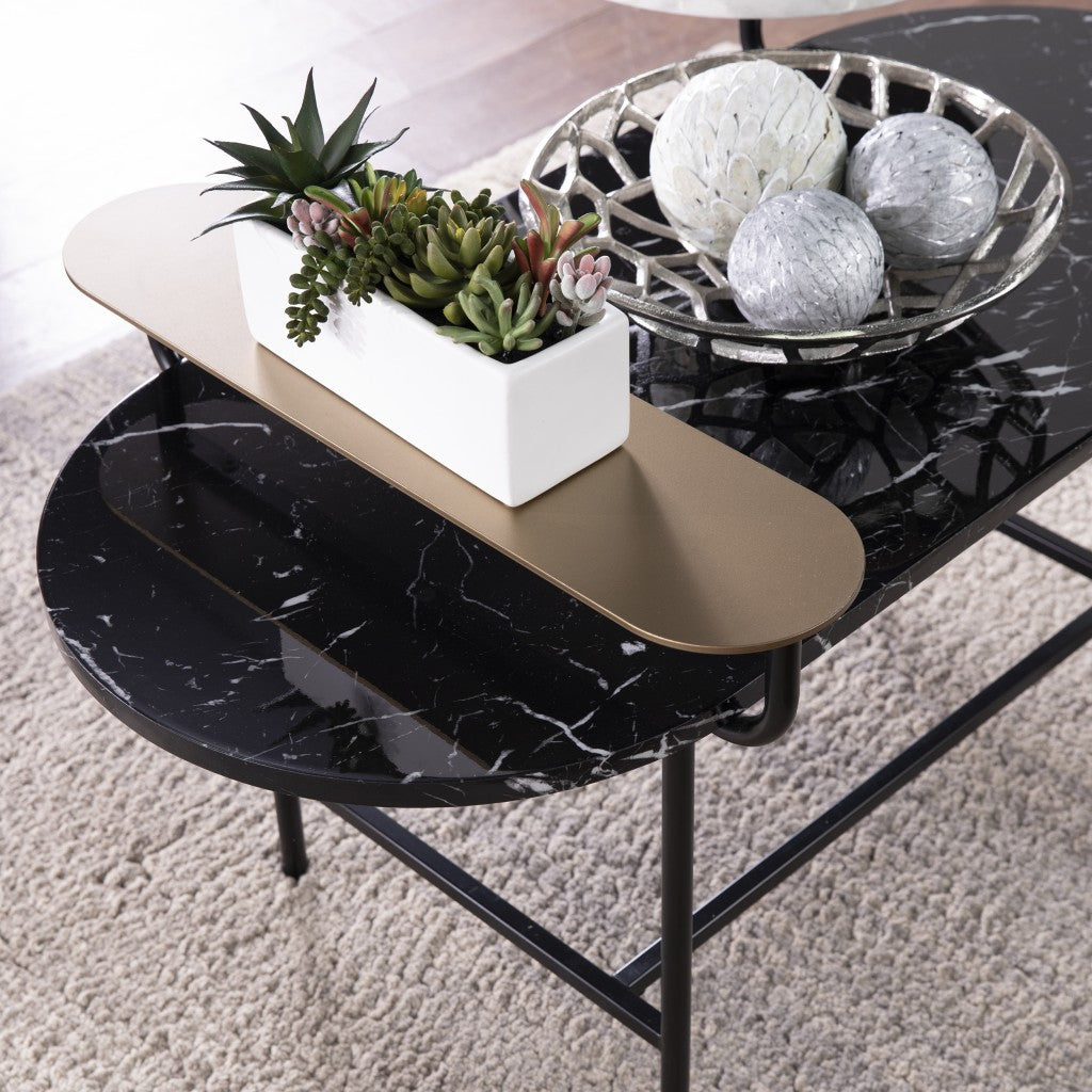 42" Black Faux Marble And Metal With Iron Coffee Table-Coffee Tables-DECOROLALA