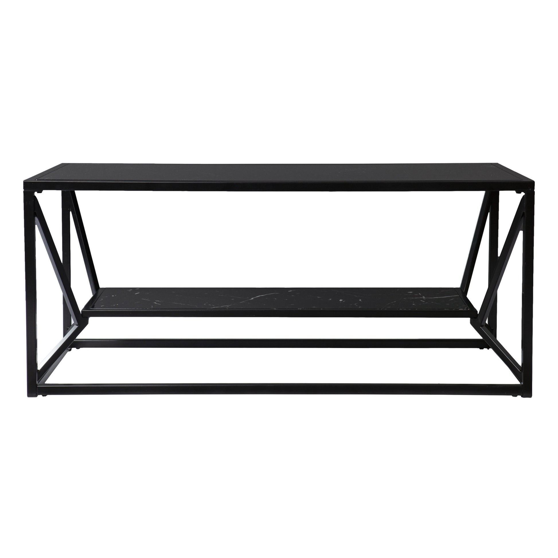 42" Black Glass Faux Marble And Metal Coffee Table With Shelf-Coffee Tables-DECOROLALA