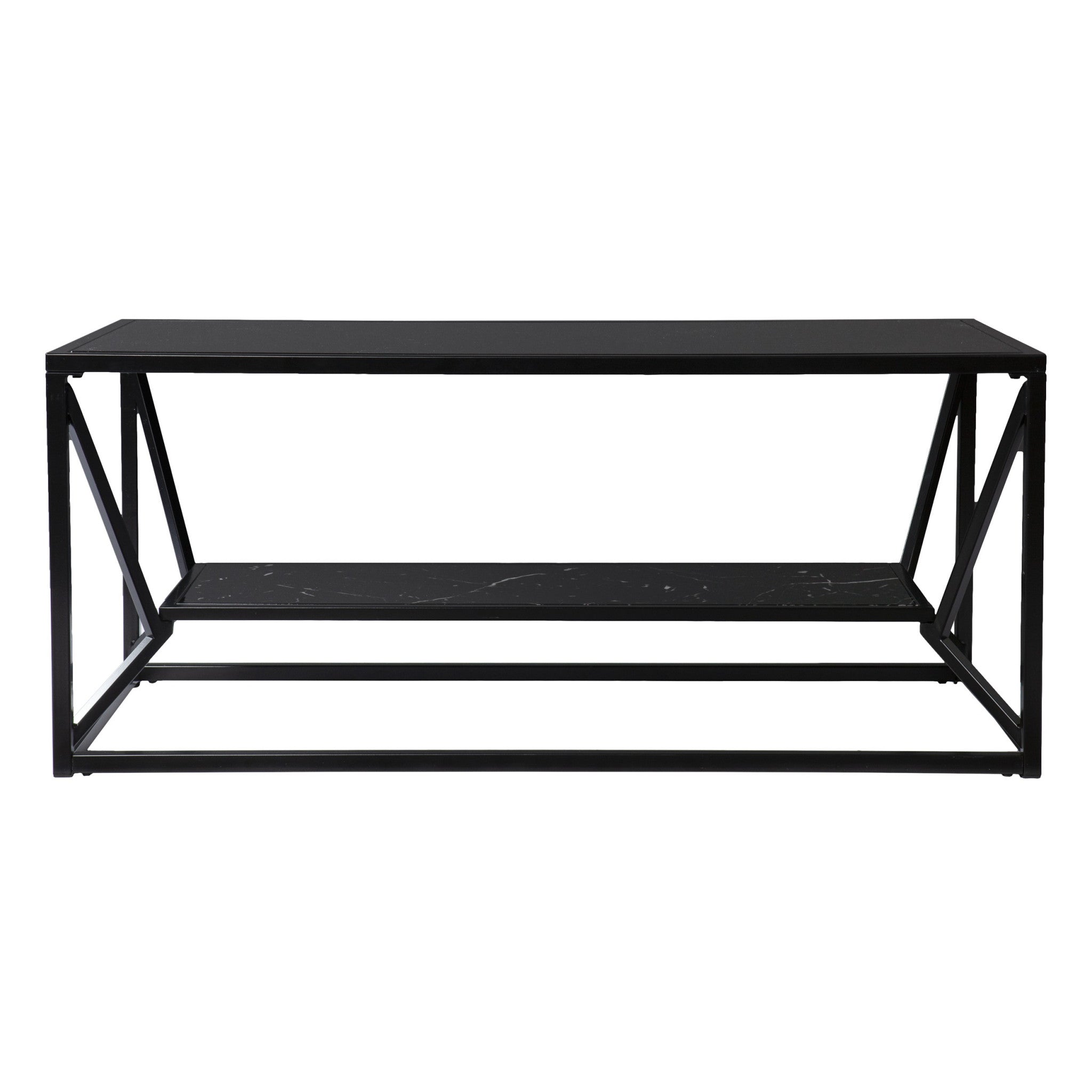 42" Black Glass Faux Marble And Metal Coffee Table With Shelf-Coffee Tables-DECOROLALA