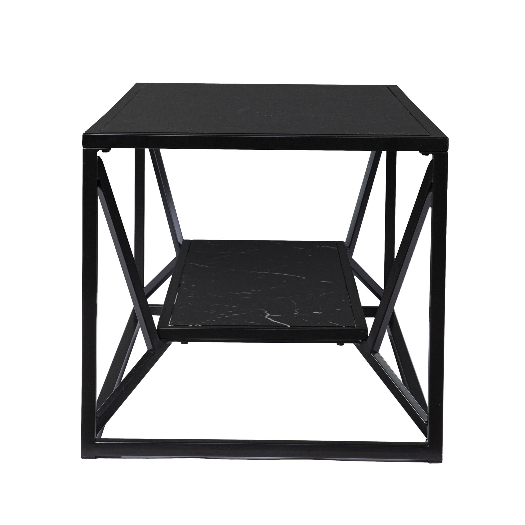 42" Black Glass Faux Marble And Metal Coffee Table With Shelf-Coffee Tables-DECOROLALA