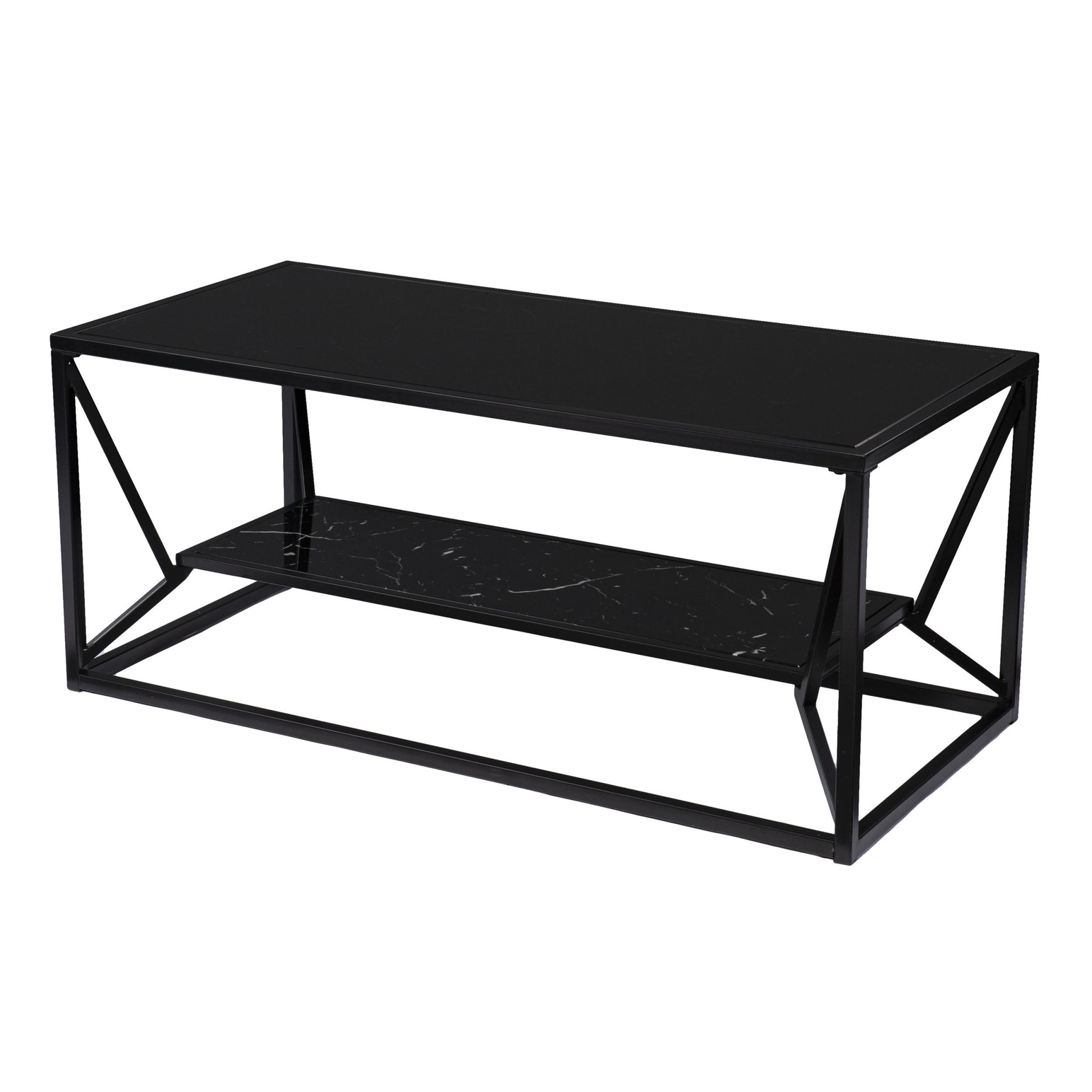 42" Black Glass Faux Marble And Metal Coffee Table With Shelf-Coffee Tables-DECOROLALA