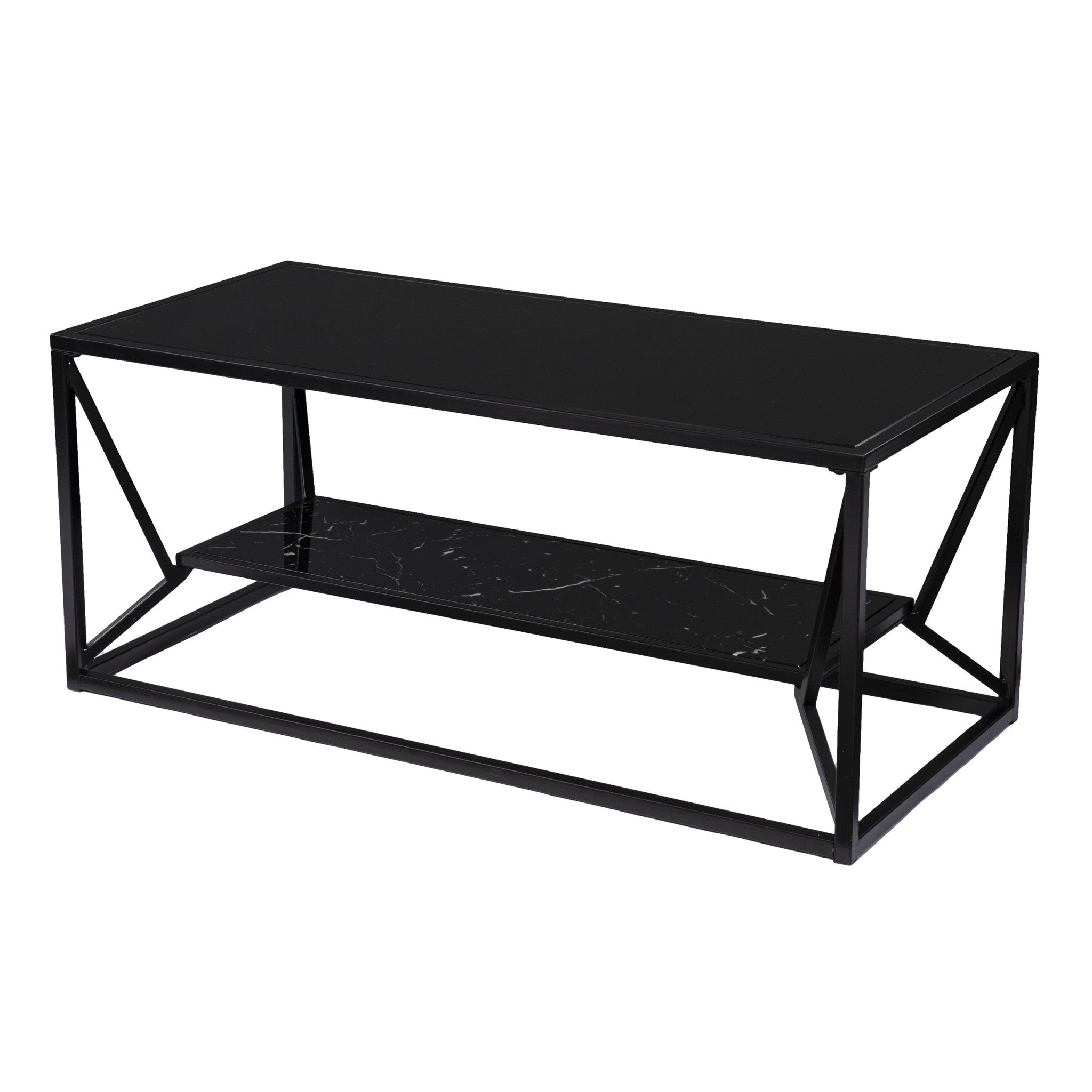 42" Black Glass Faux Marble And Metal Coffee Table With Shelf-Coffee Tables-DECOROLALA