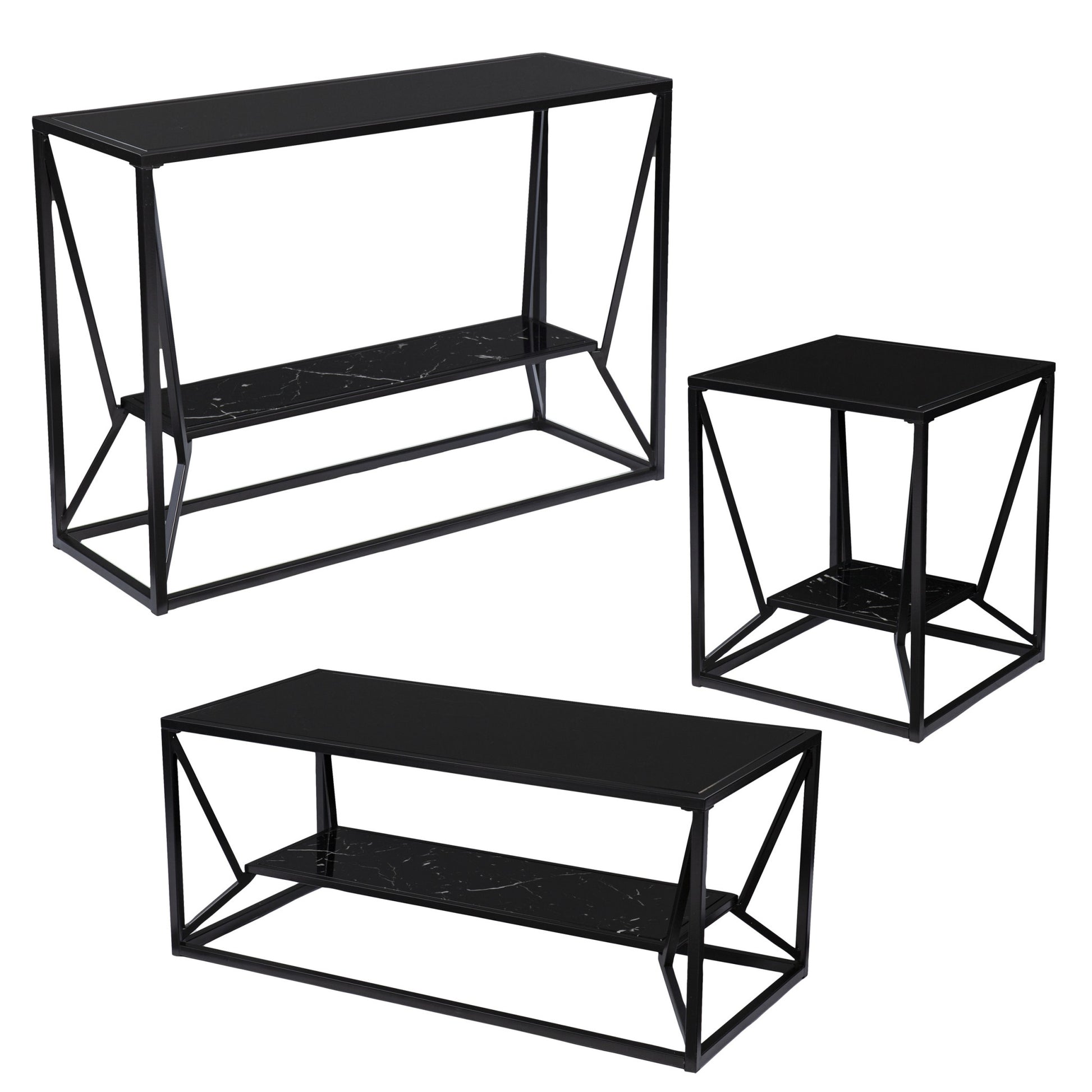 42" Black Glass Faux Marble And Metal Coffee Table With Shelf-Coffee Tables-DECOROLALA