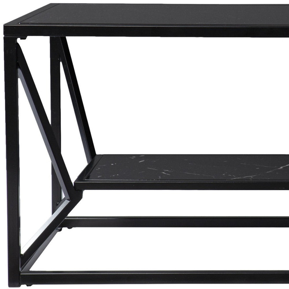 42" Black Glass Faux Marble And Metal Coffee Table With Shelf-Coffee Tables-DECOROLALA