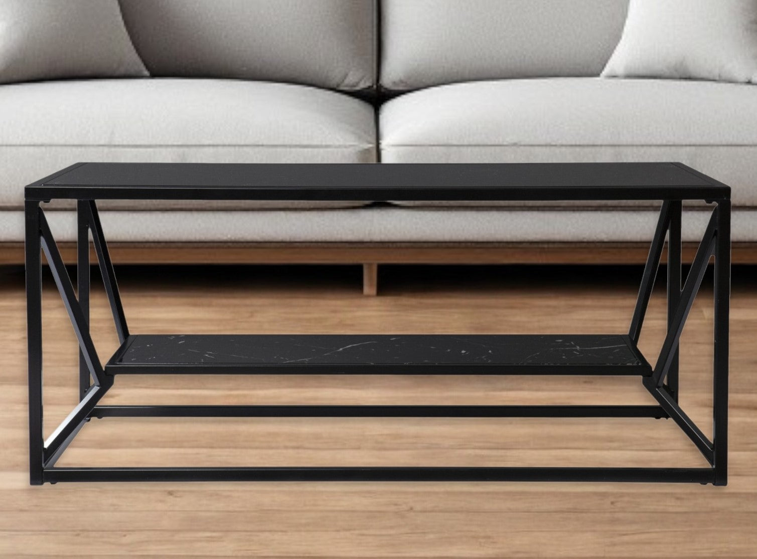 42" Black Glass Faux Marble And Metal Coffee Table With Shelf-Coffee Tables-DECOROLALA