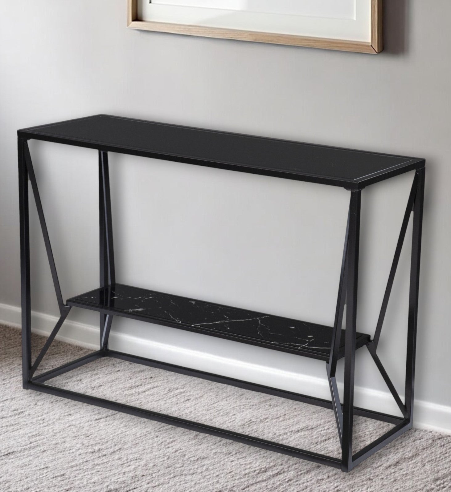 42" Black Glass Frame Console Table With Shelves-Console Tables-DECOROLALA