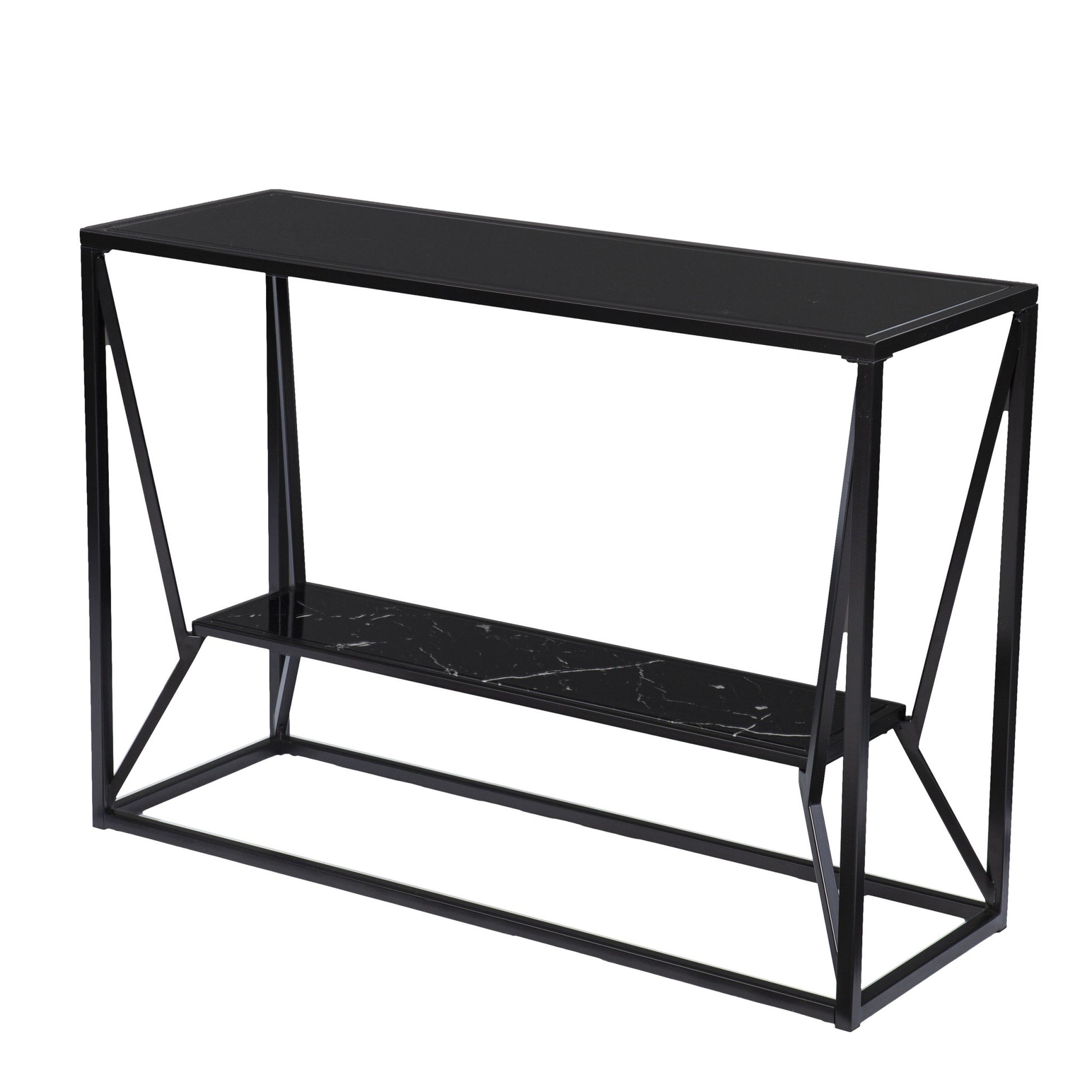 42" Black Glass Frame Console Table With Shelves-Console Tables-DECOROLALA