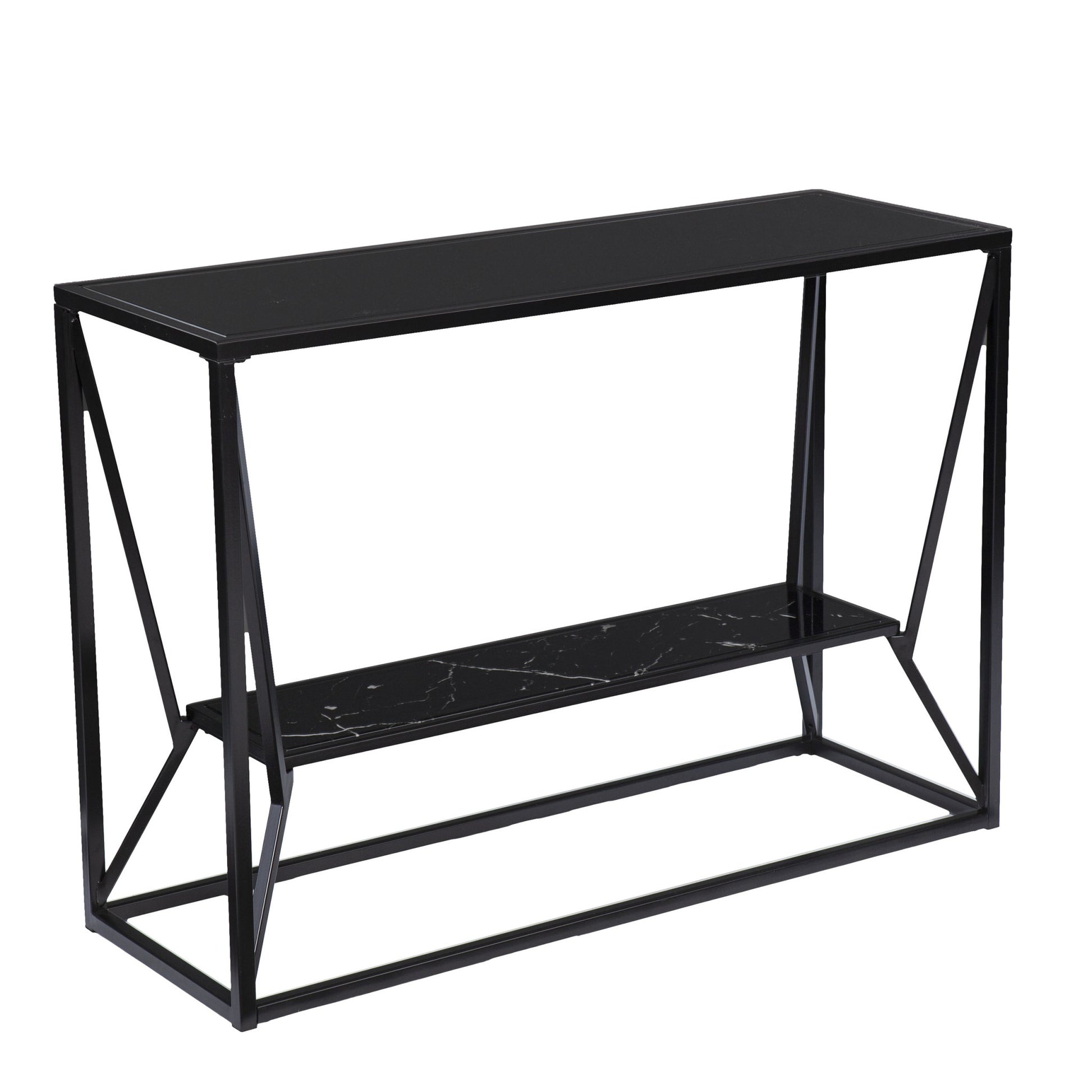 42" Black Glass Frame Console Table With Shelves-Console Tables-DECOROLALA