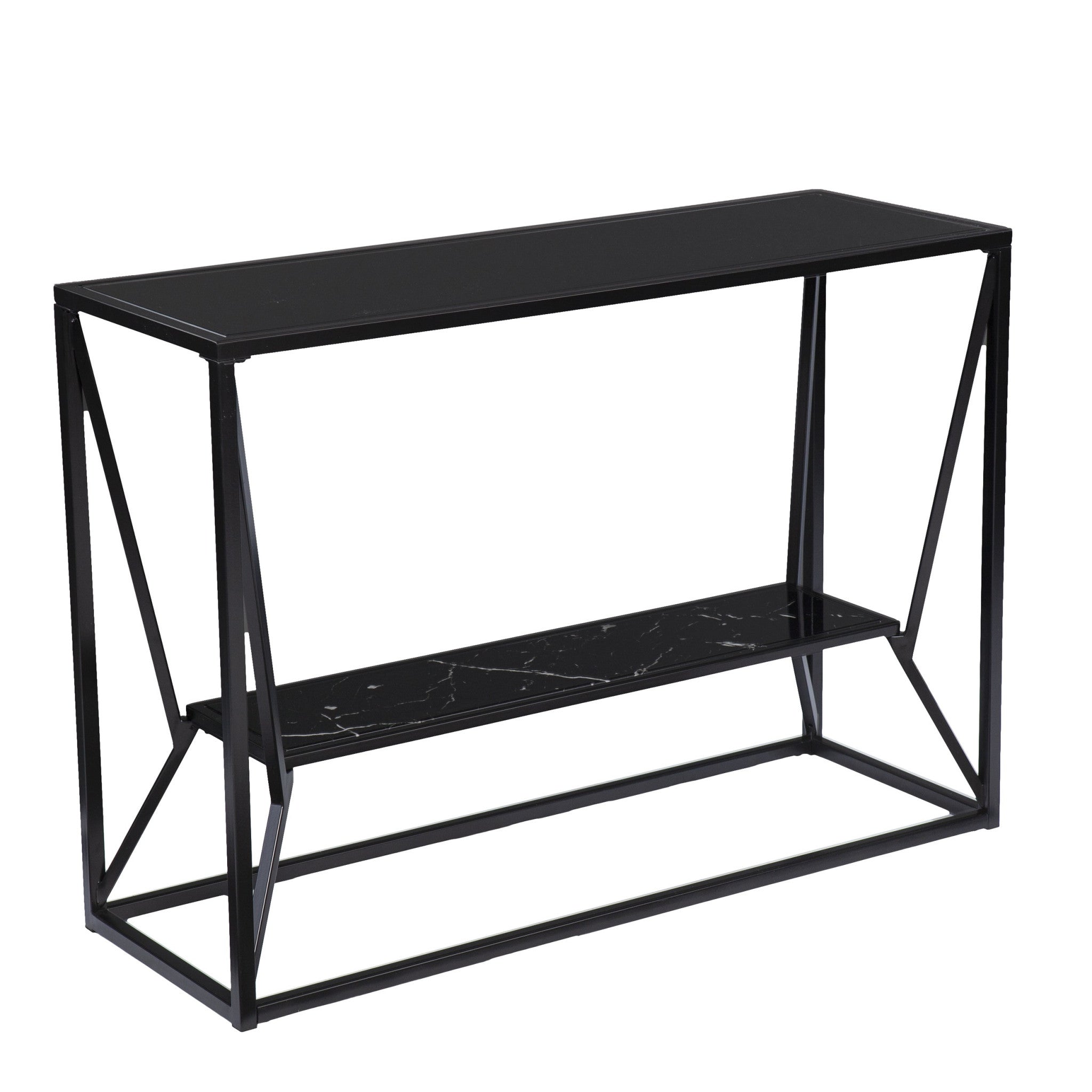 42" Black Glass Frame Console Table With Shelves-Console Tables-DECOROLALA