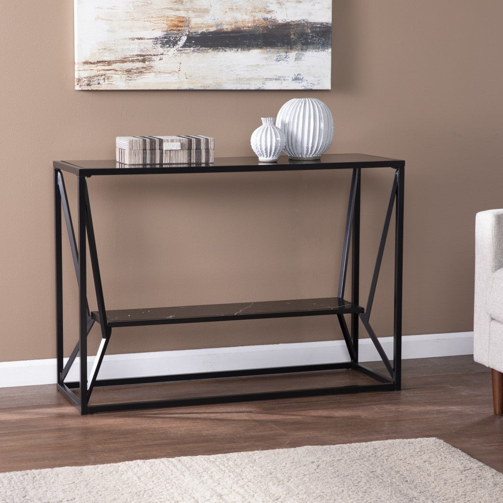 42" Black Glass Frame Console Table With Shelves-Console Tables-DECOROLALA