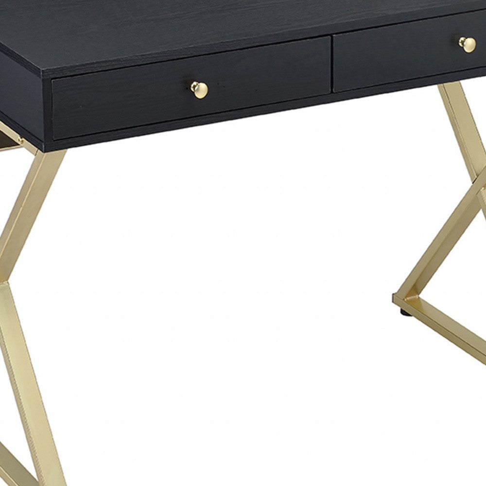 42" Black and Brass Writing Desk With Two Drawers-Desks-DECOROLALA
