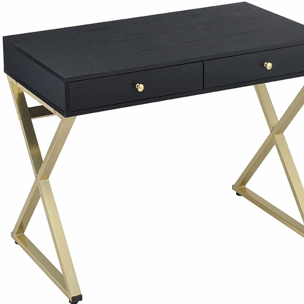 42" Black and Brass Writing Desk With Two Drawers-Desks-DECOROLALA