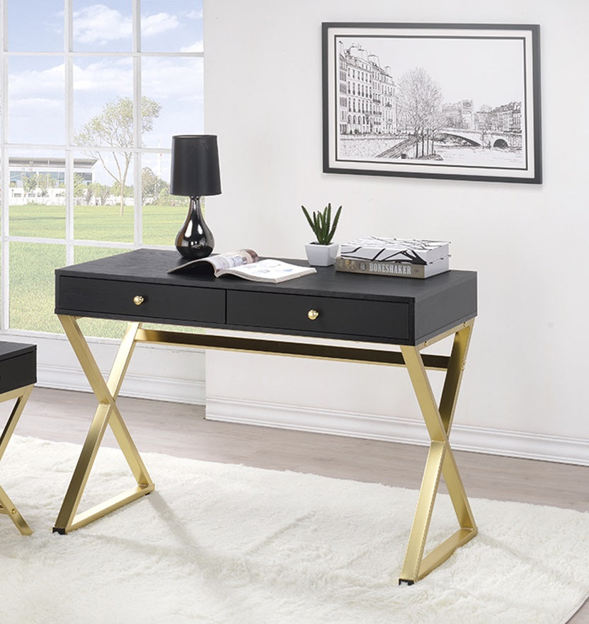 42" Black and Brass Writing Desk With Two Drawers-Desks-DECOROLALA