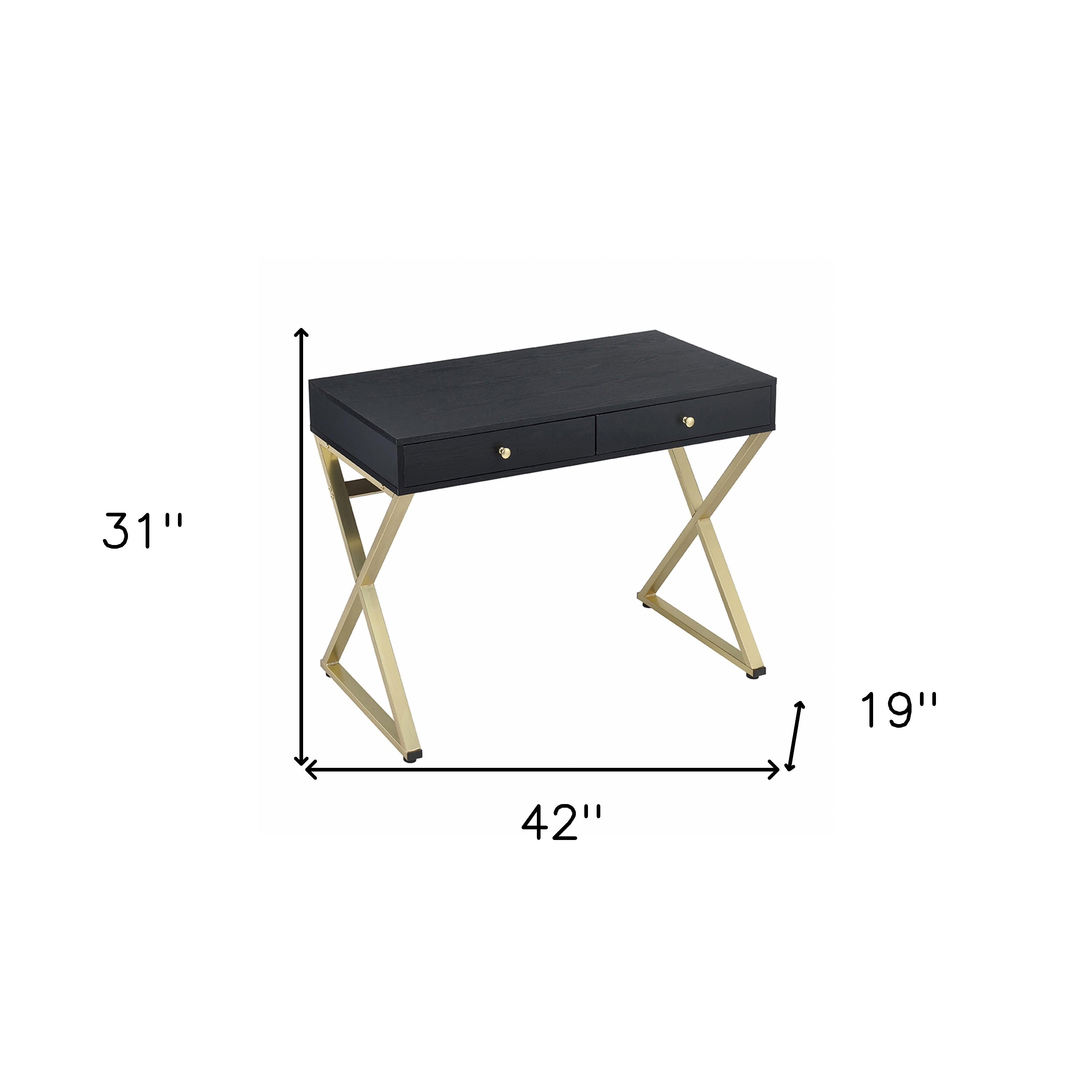 42" Black and Brass Writing Desk With Two Drawers-Desks-DECOROLALA