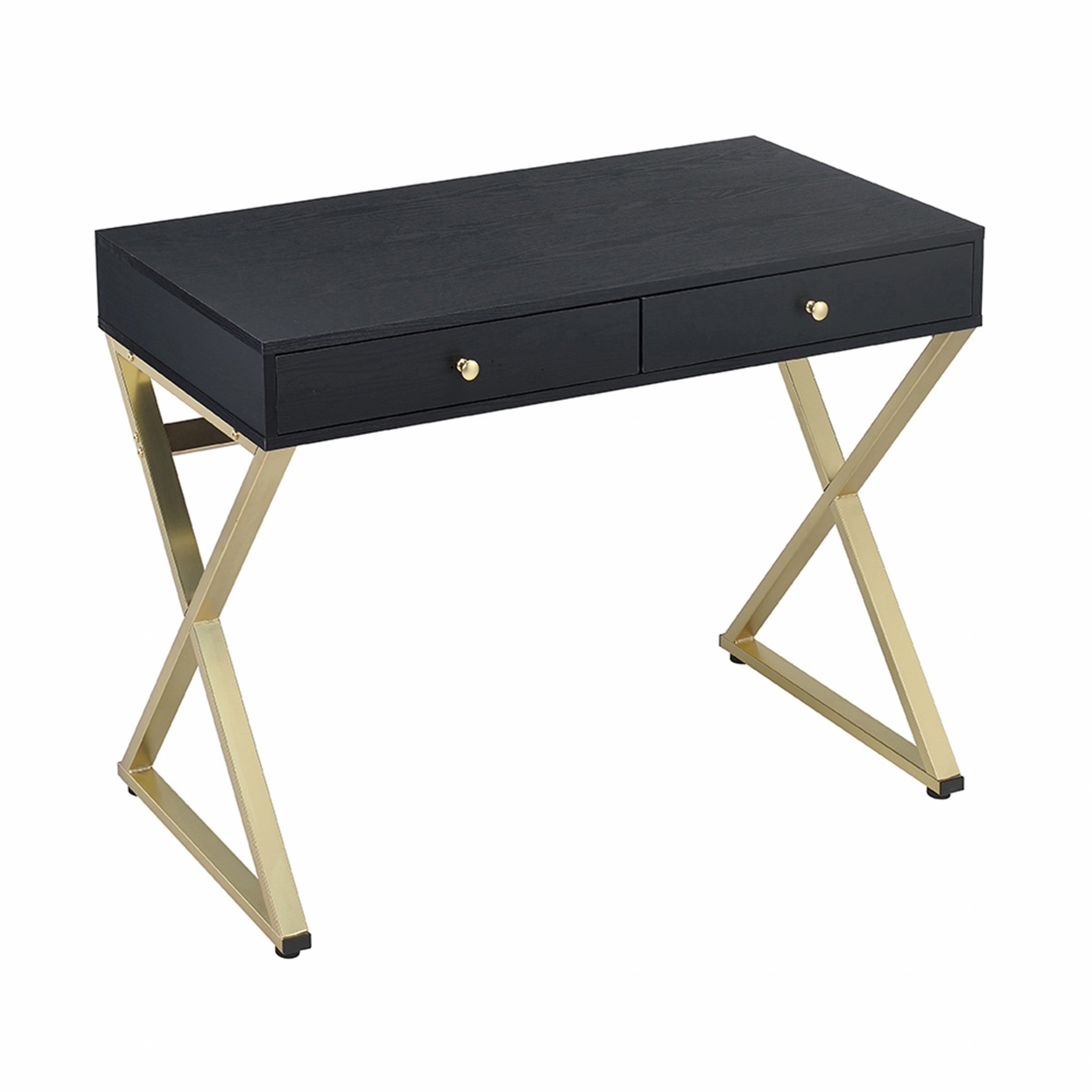 42" Black and Brass Writing Desk With Two Drawers-Desks-DECOROLALA