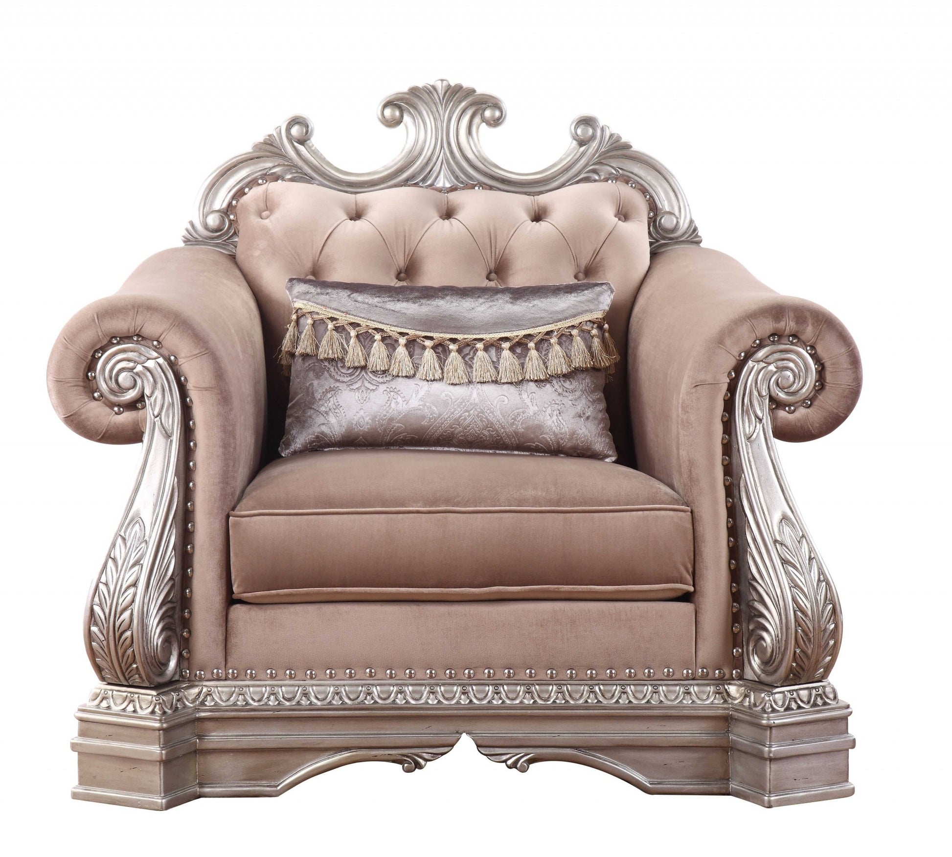 42" Cherry Blossom Pink and Silver Velvet Tufted Arm Chair And Toss Pillow-Accent Chairs-DECOROLALA