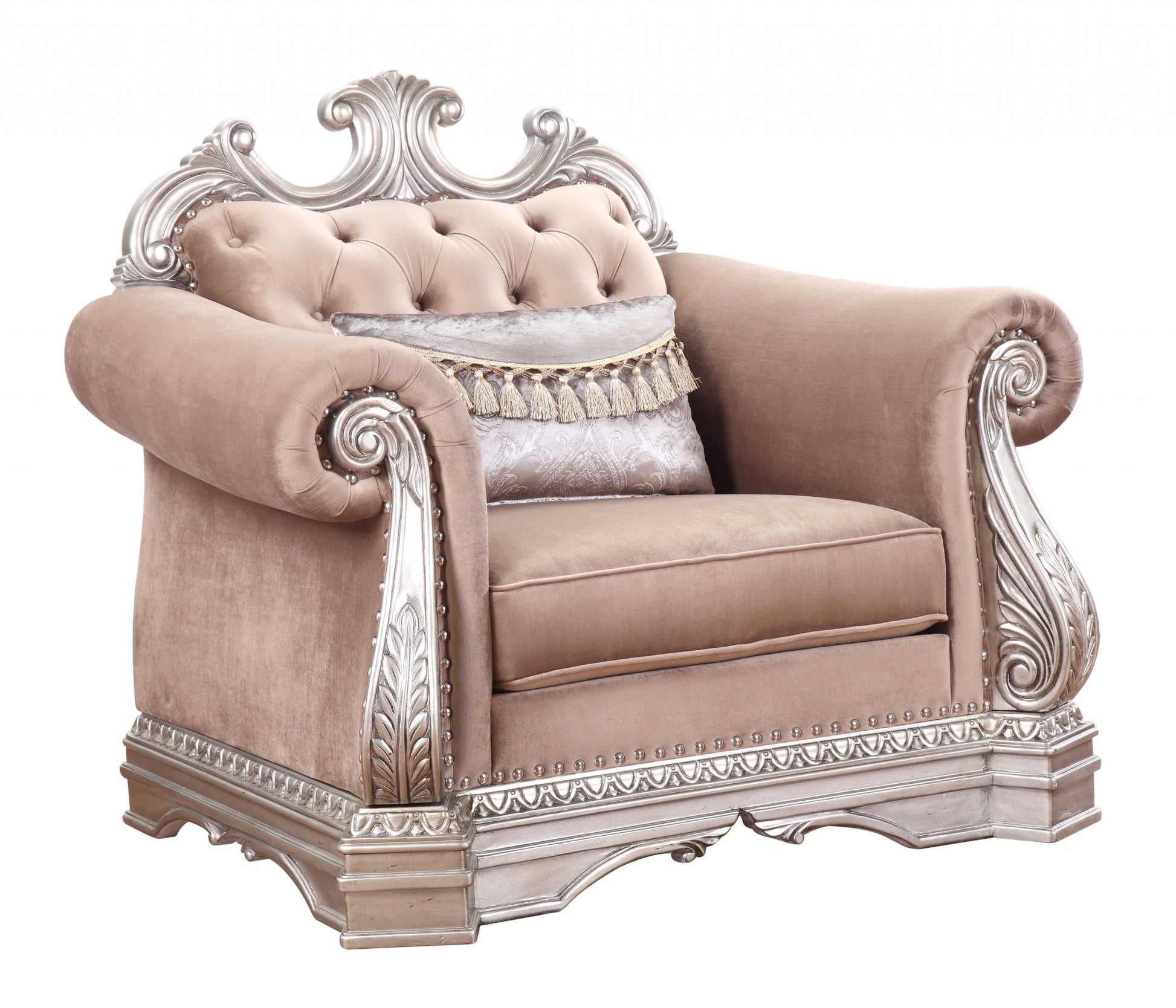 42" Cherry Blossom Pink and Silver Velvet Tufted Arm Chair And Toss Pillow-Accent Chairs-DECOROLALA
