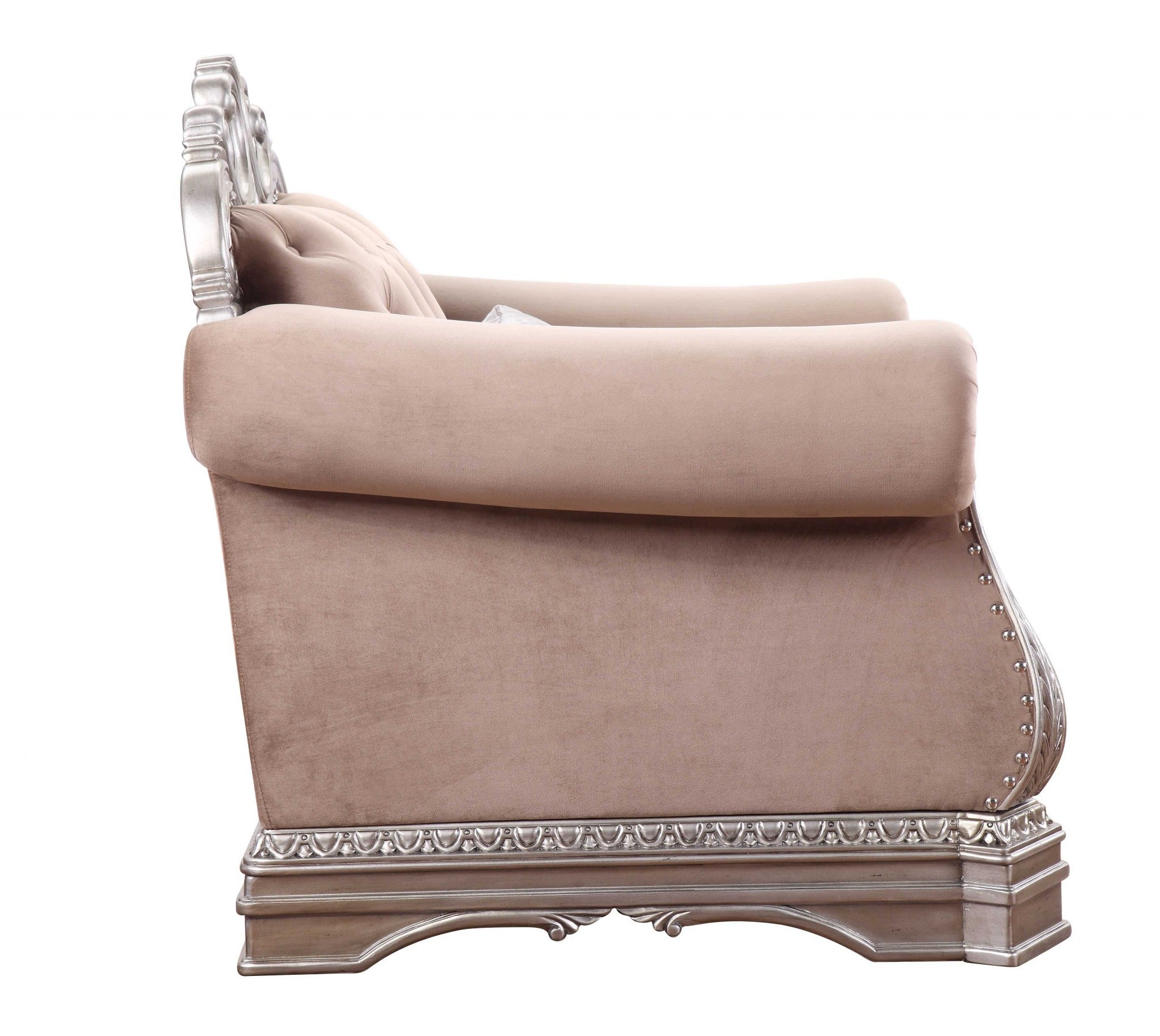 42" Cherry Blossom Pink and Silver Velvet Tufted Arm Chair And Toss Pillow-Accent Chairs-DECOROLALA
