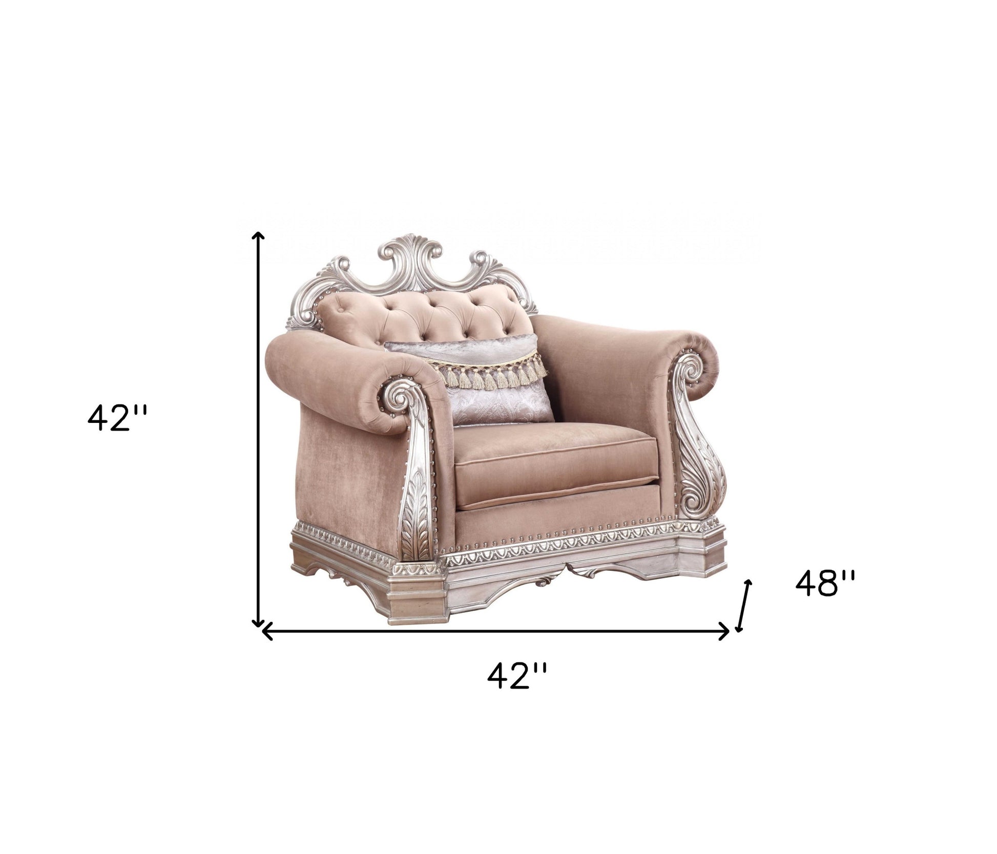 42" Cherry Blossom Pink and Silver Velvet Tufted Arm Chair And Toss Pillow-Accent Chairs-DECOROLALA