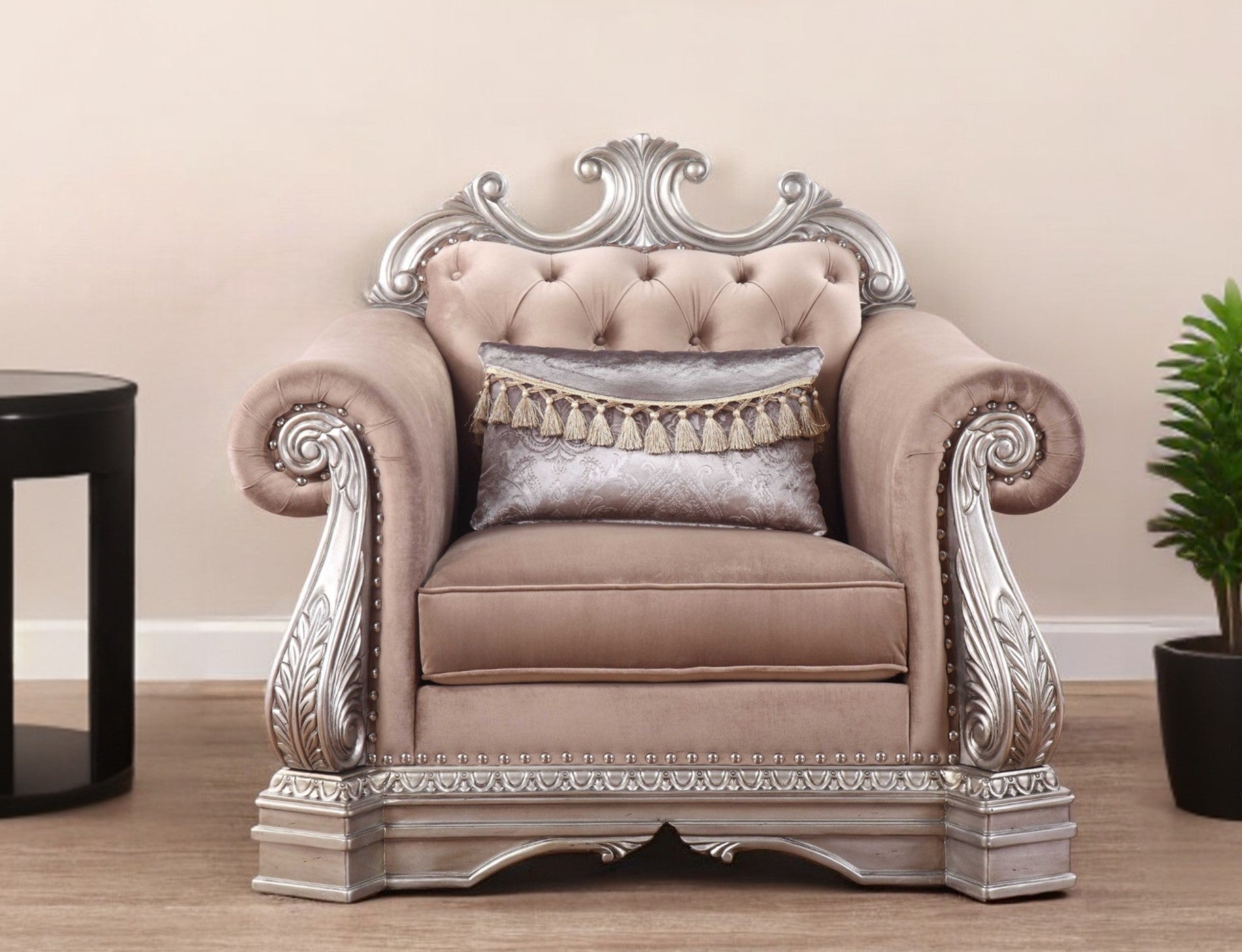 42" Cherry Blossom Pink and Silver Velvet Tufted Arm Chair And Toss Pillow-Accent Chairs-DECOROLALA