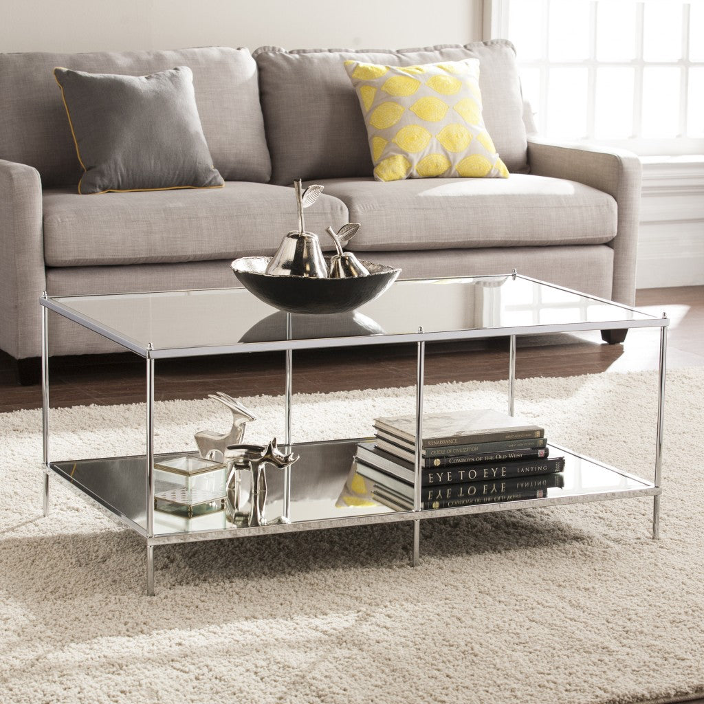 42" Chrome Glass And Metal Rectangular Mirrored Coffee Table-Coffee Tables-DECOROLALA