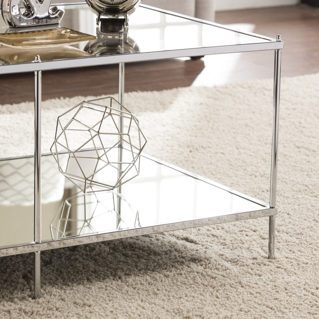 42" Chrome Glass And Metal Rectangular Mirrored Coffee Table-Coffee Tables-DECOROLALA