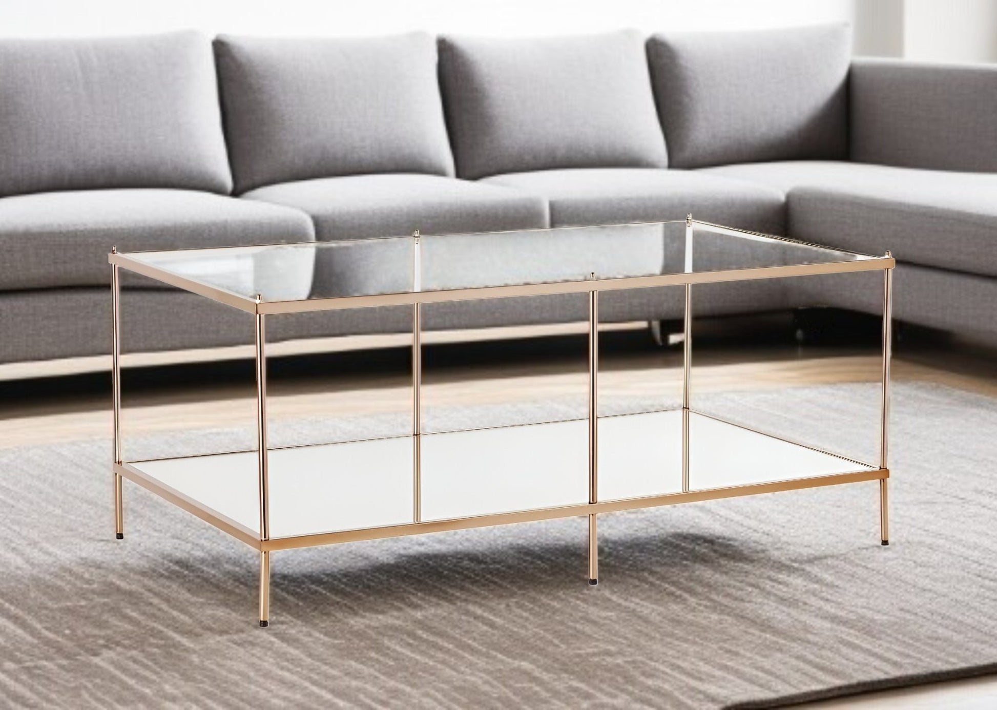 42" Clear And Gold Glass And Metal Coffee Table-Coffee Tables-DECOROLALA