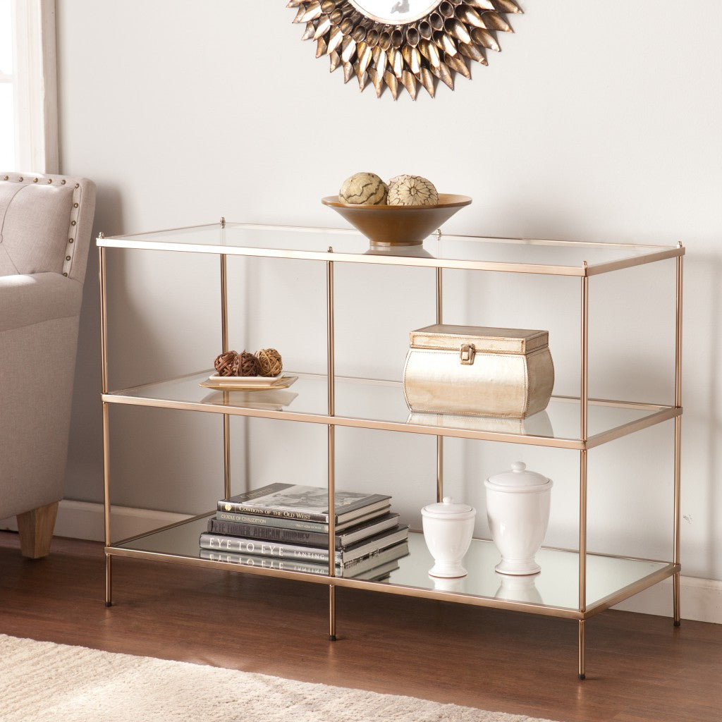 42" Clear and Gold Glass Mirrored Frame Console Table With Shelves-Console Tables-DECOROLALA