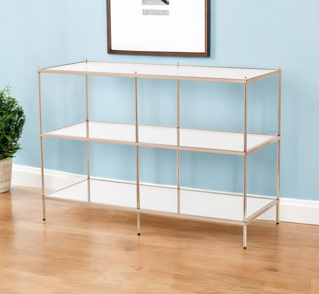 42" Clear and Gold Glass Mirrored Frame Console Table With Shelves-Console Tables-DECOROLALA